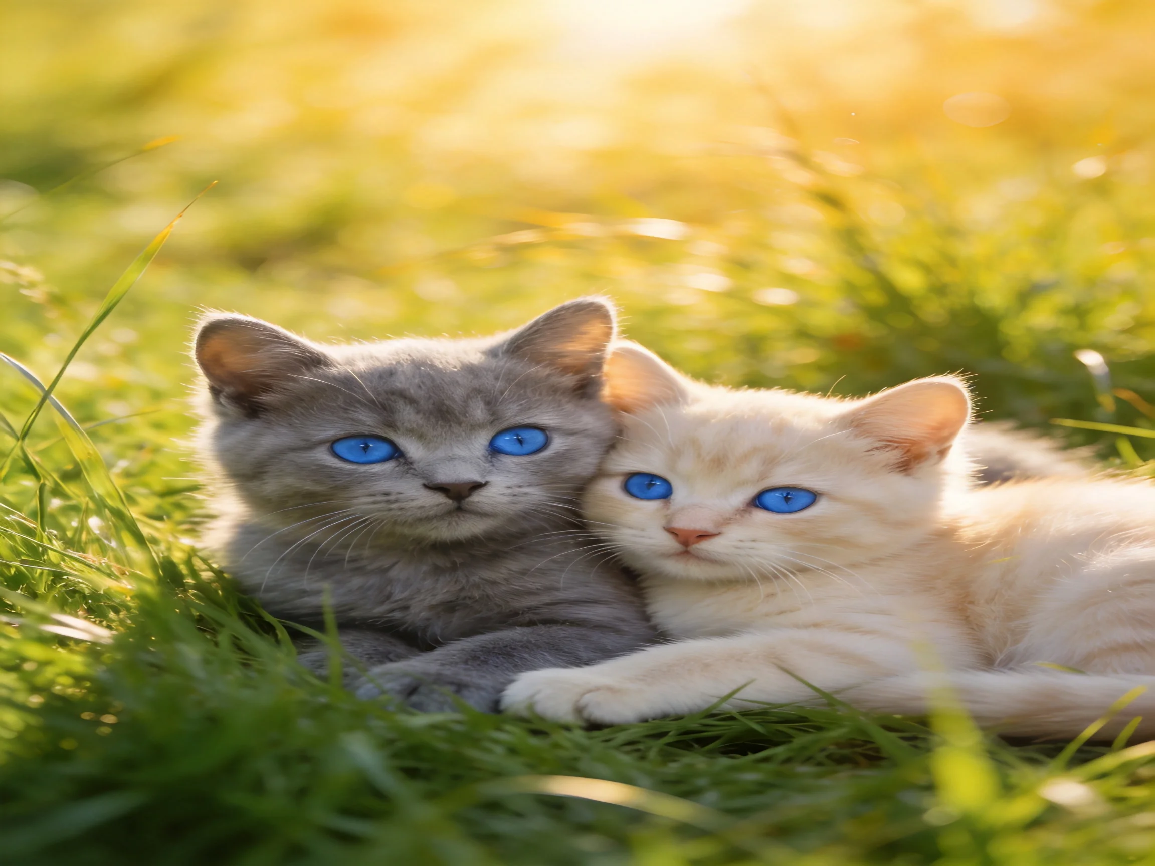 Two blue-eyed kittens cuddle in sunlit green grass