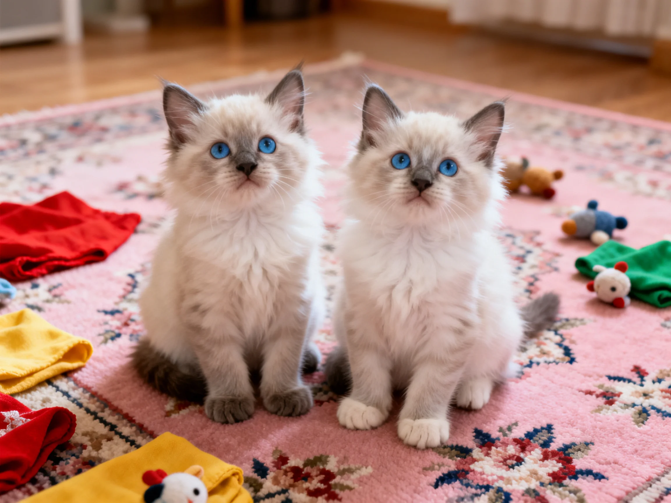 Two blue-eyed kittens sit on a pink patterned rug with colorful fabrics nearby