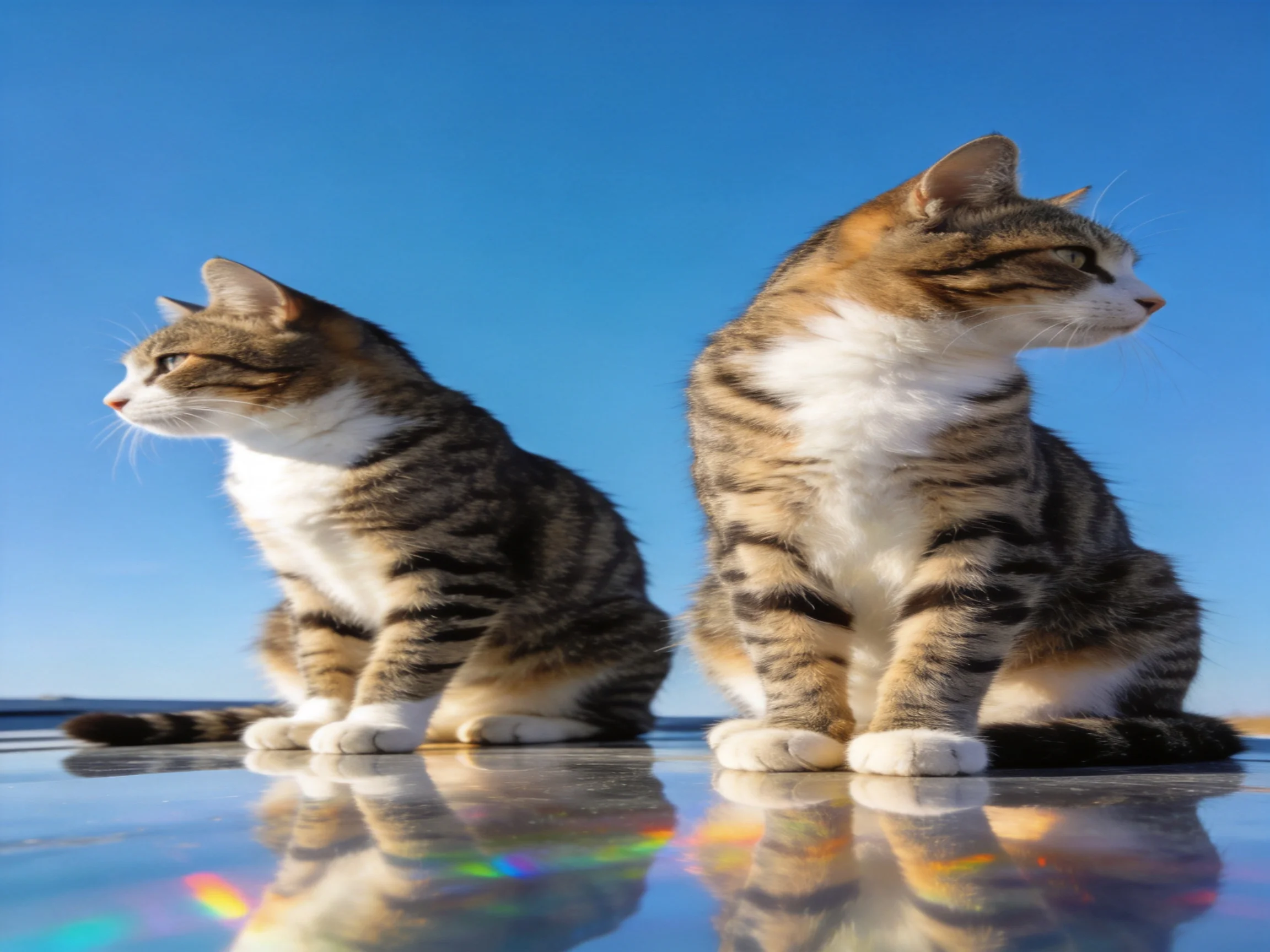 Two brown and white tabby cats sit together on a glossy surface beneath a clear blue sky.