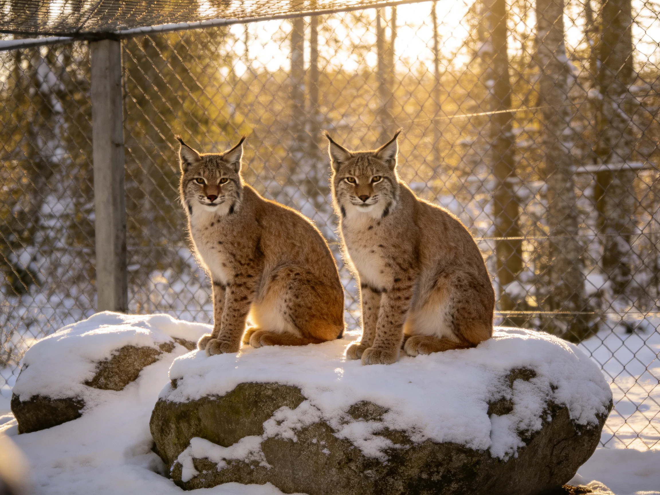 Two brown lynxes sit on snow-laden rocks in a sunlit enclosure