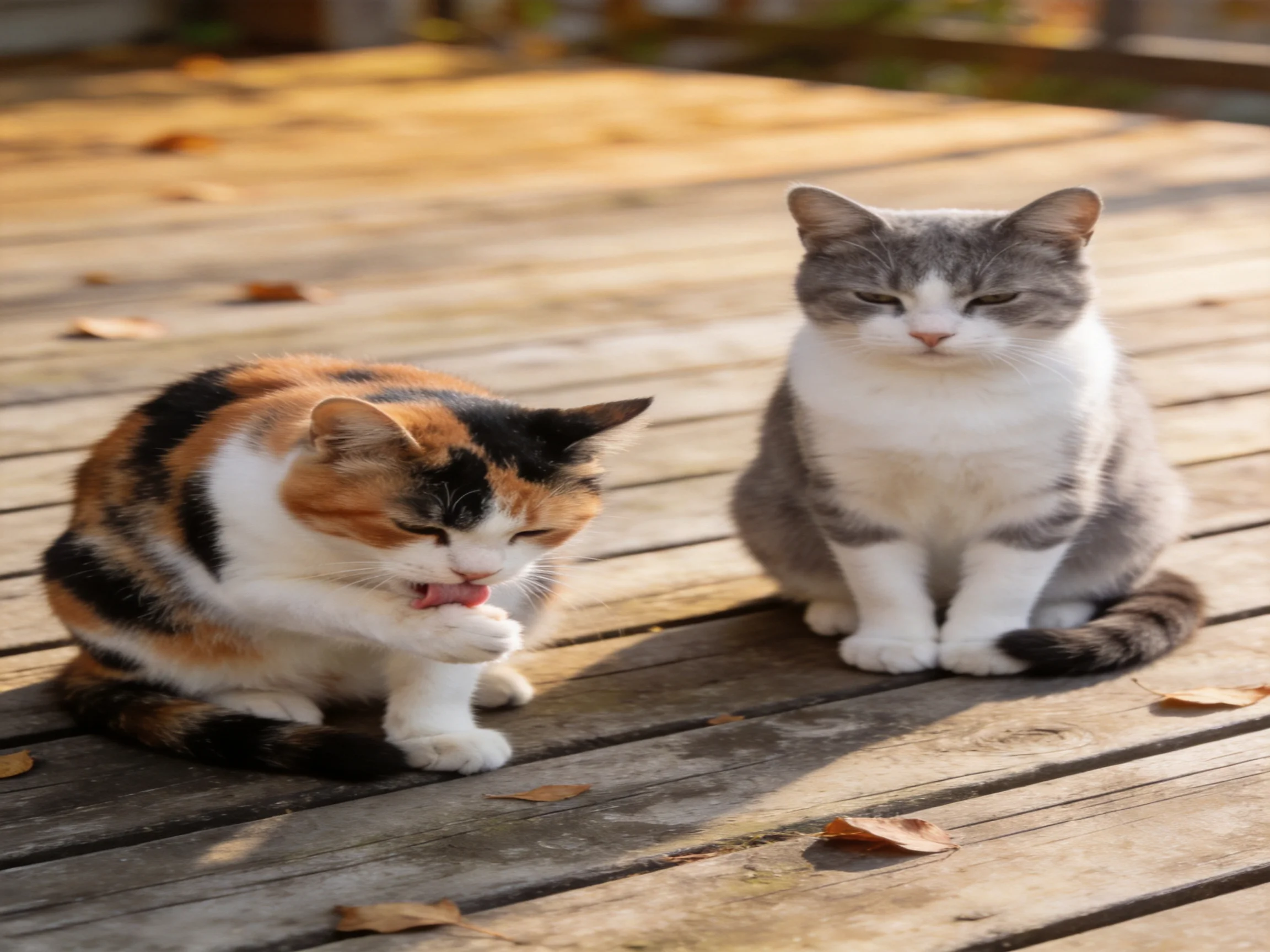 Two cats sit on a wooden deck with scattered leaves