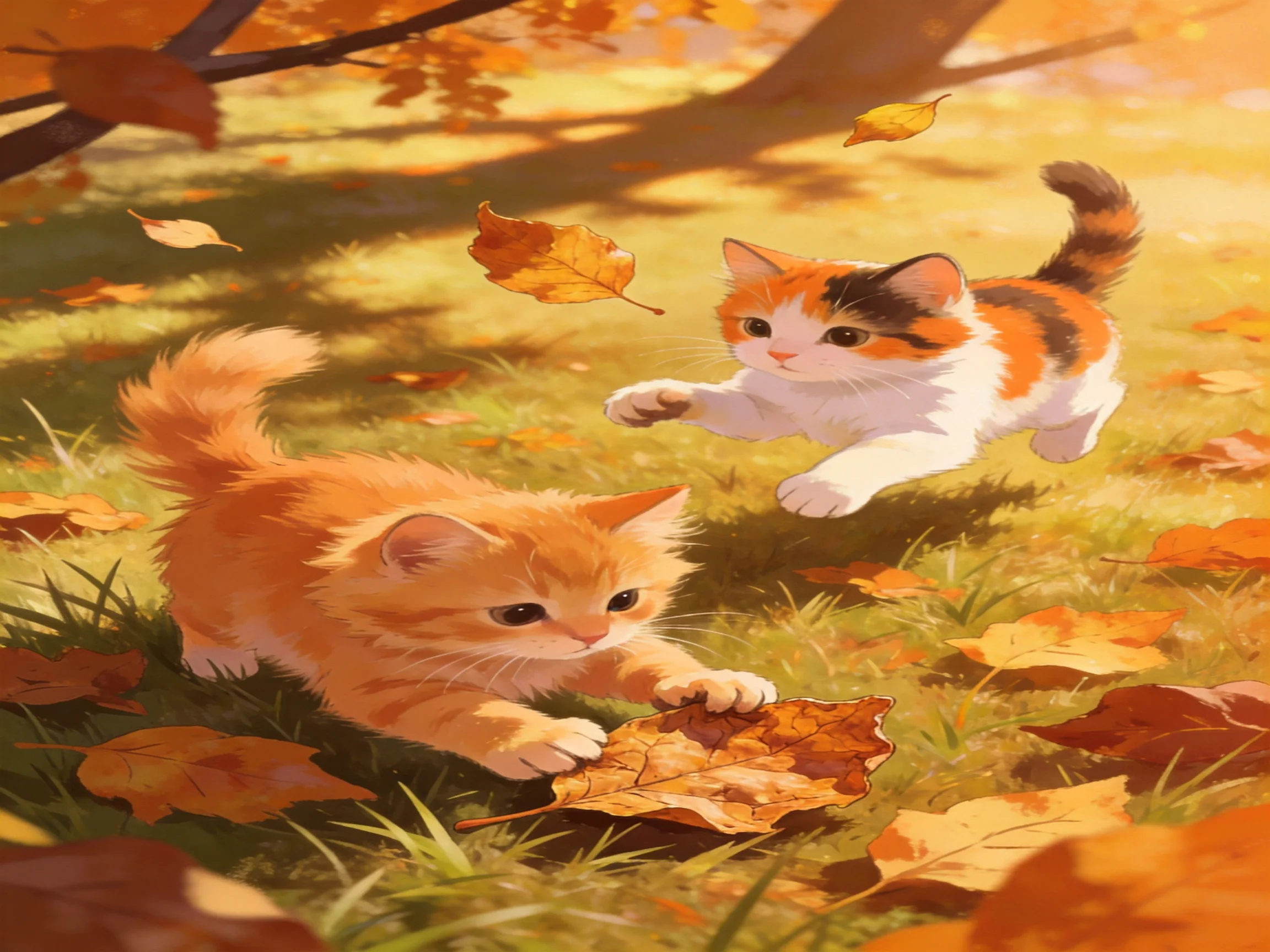 Two calico and orange kittens play with golden fallen leaves in an autumn landscape