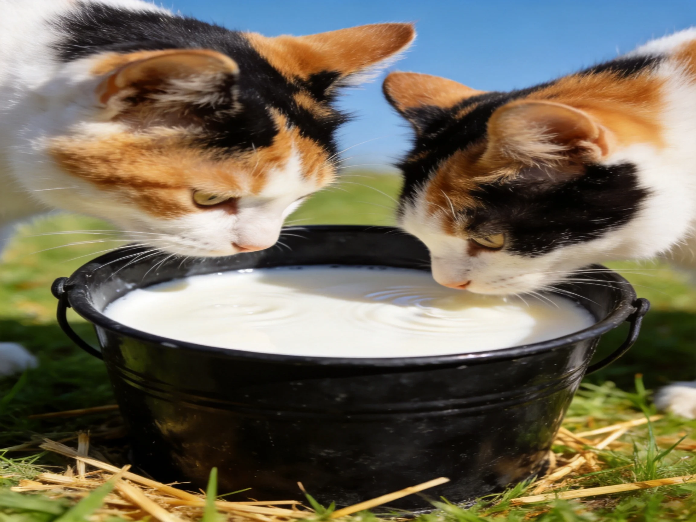 Two calico cats drink milk from a black bucket on green grass