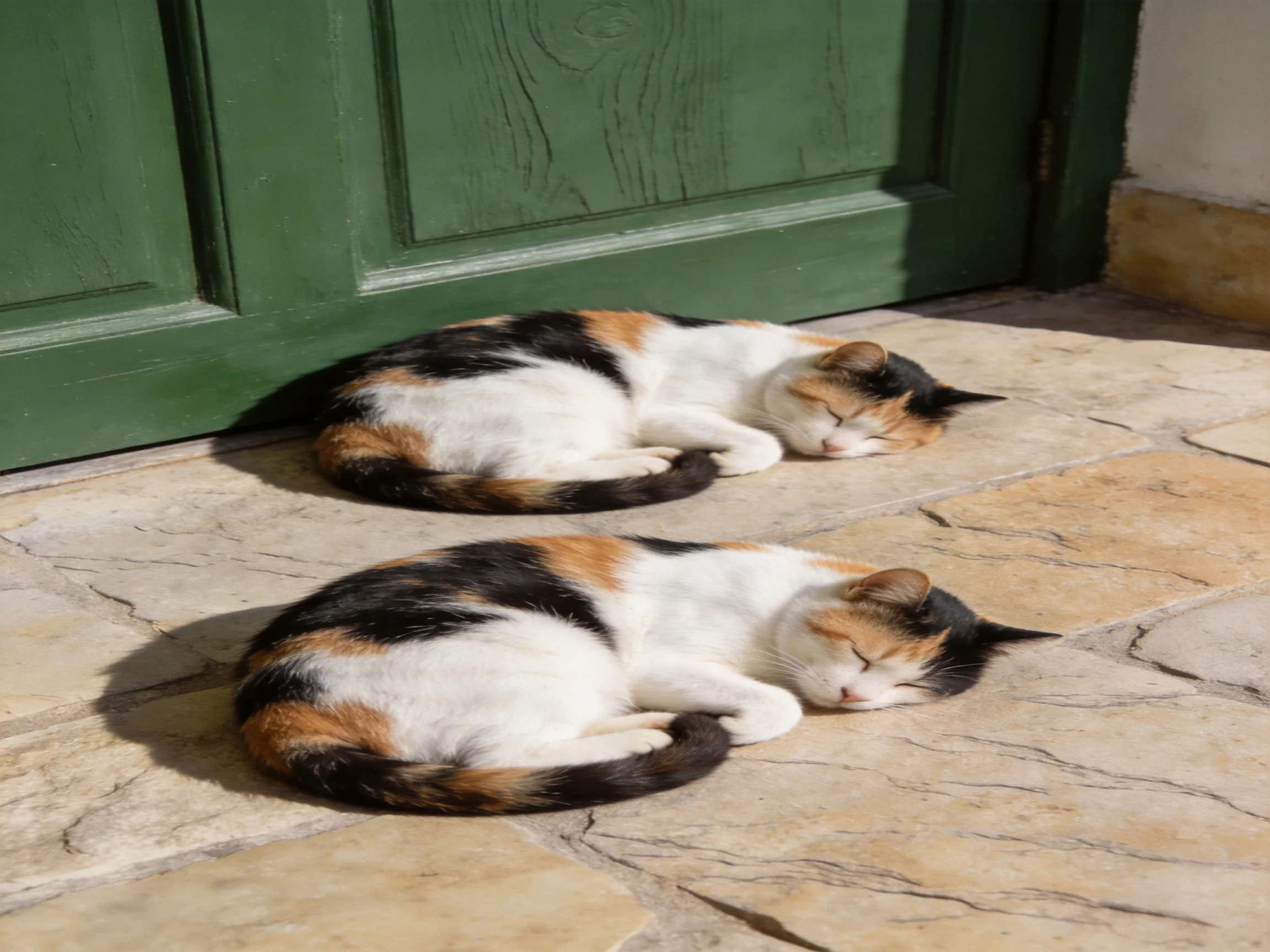 Two calico cats rest on stone pavement beside a green wooden door