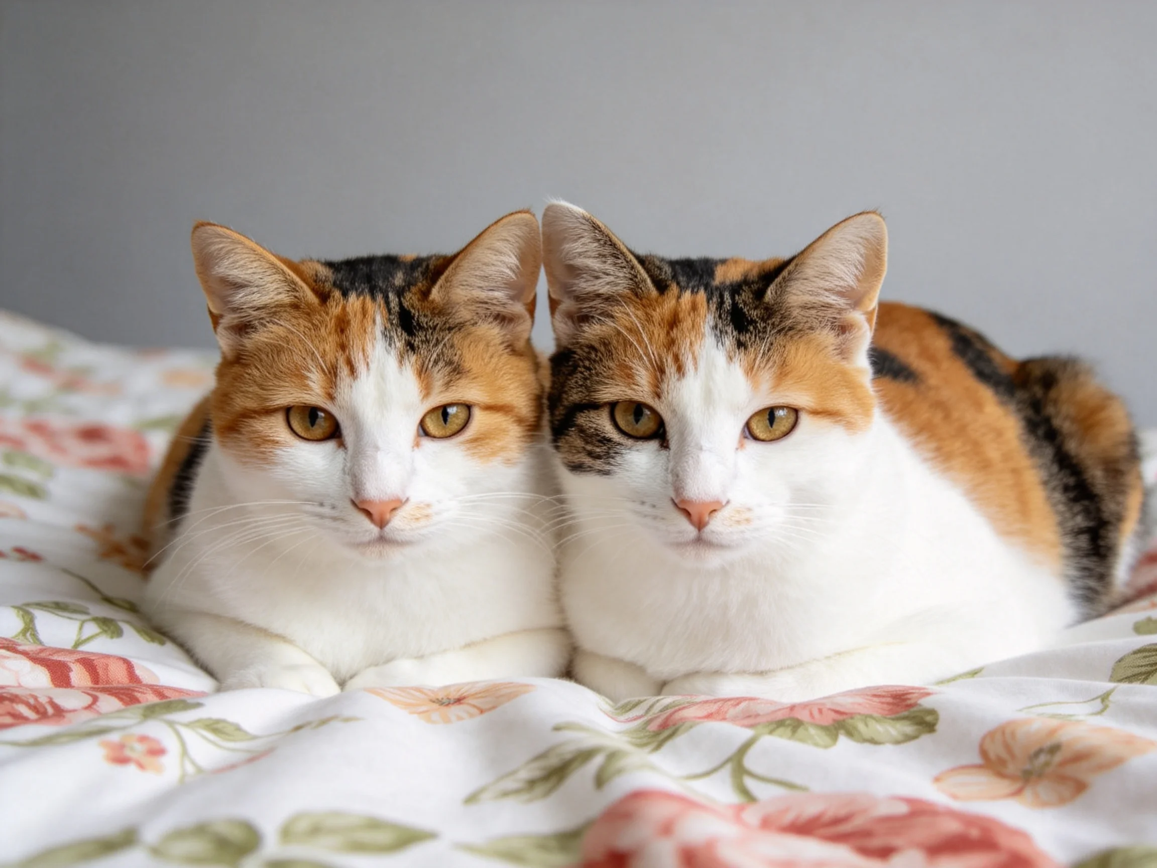 Two calico cats rest together on a floral-patterned bedspread