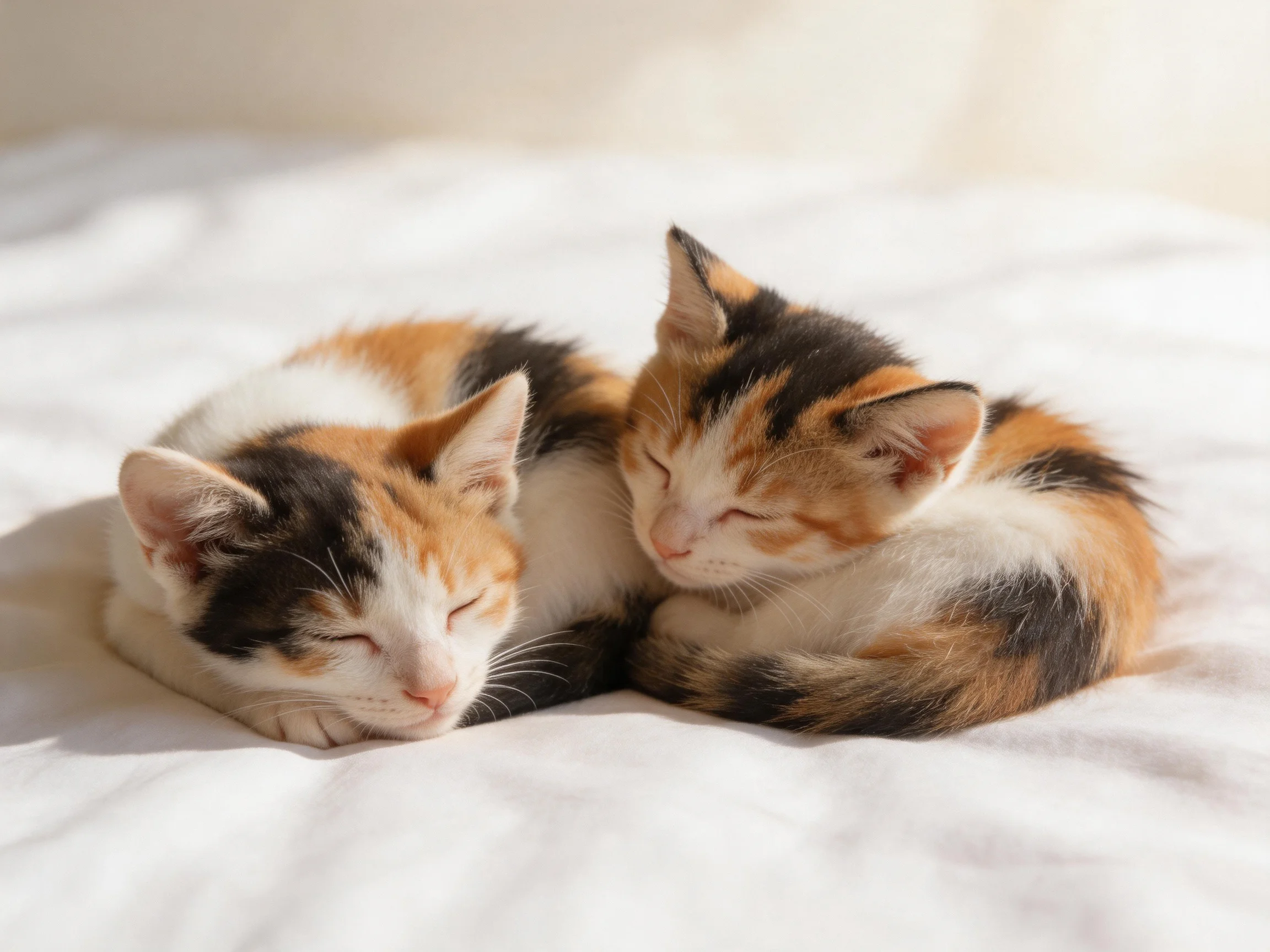 Two calico kittens cuddle together on a white bedspread