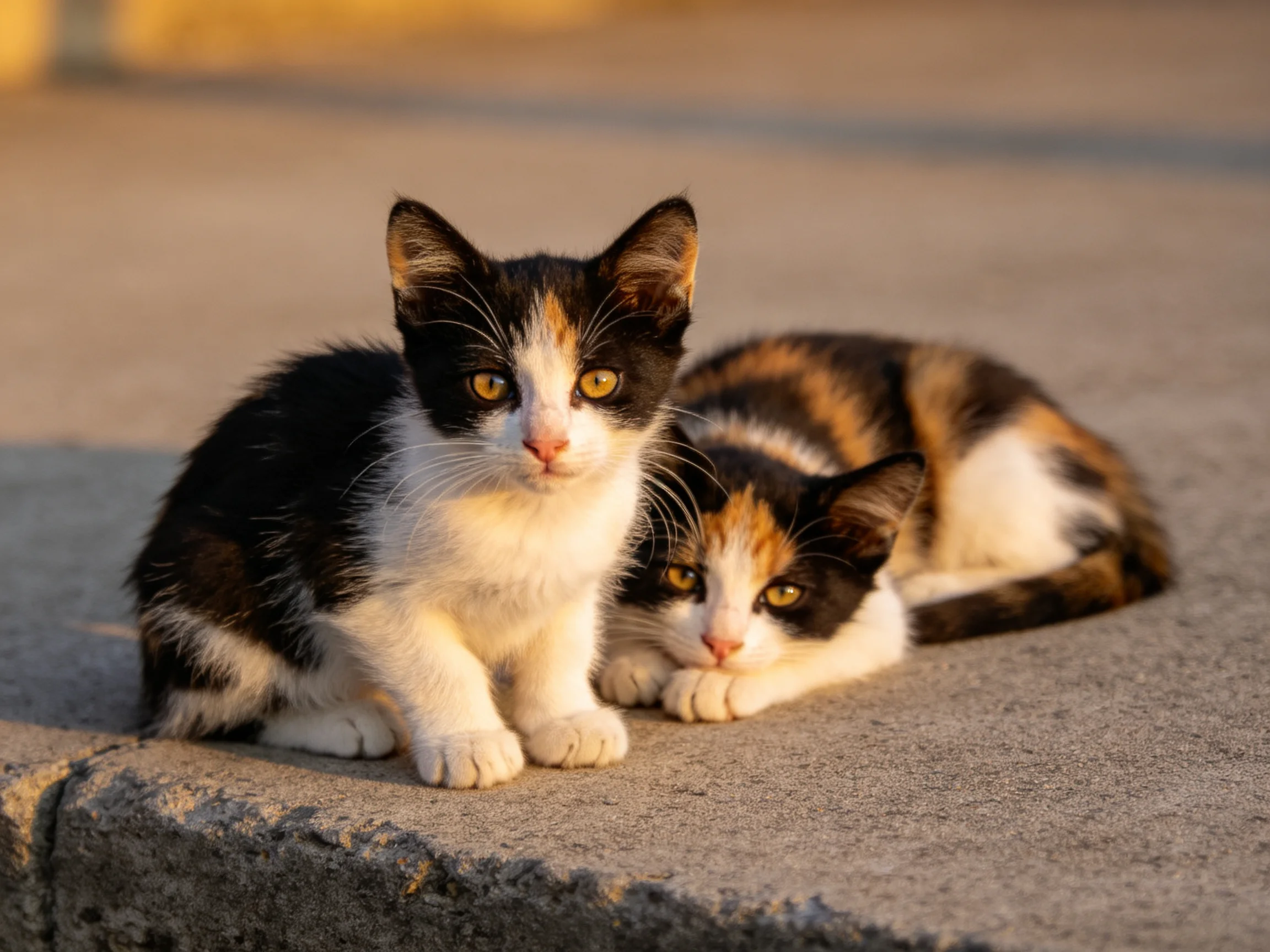 Two calico kittens rest on a sunlit concrete surface