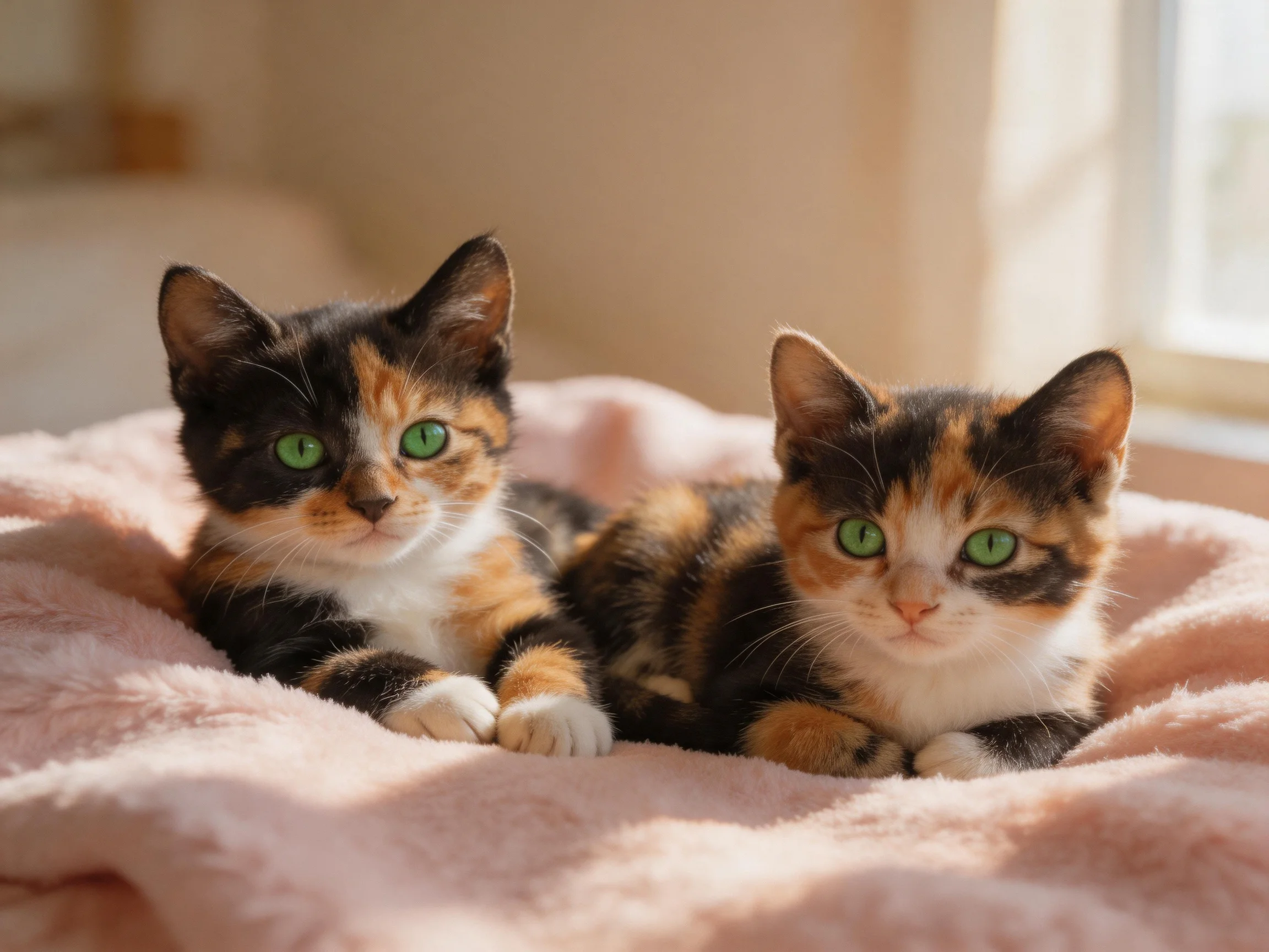 Two calico kittens with green eyes rest on a soft pink blanket near a sunlit window.