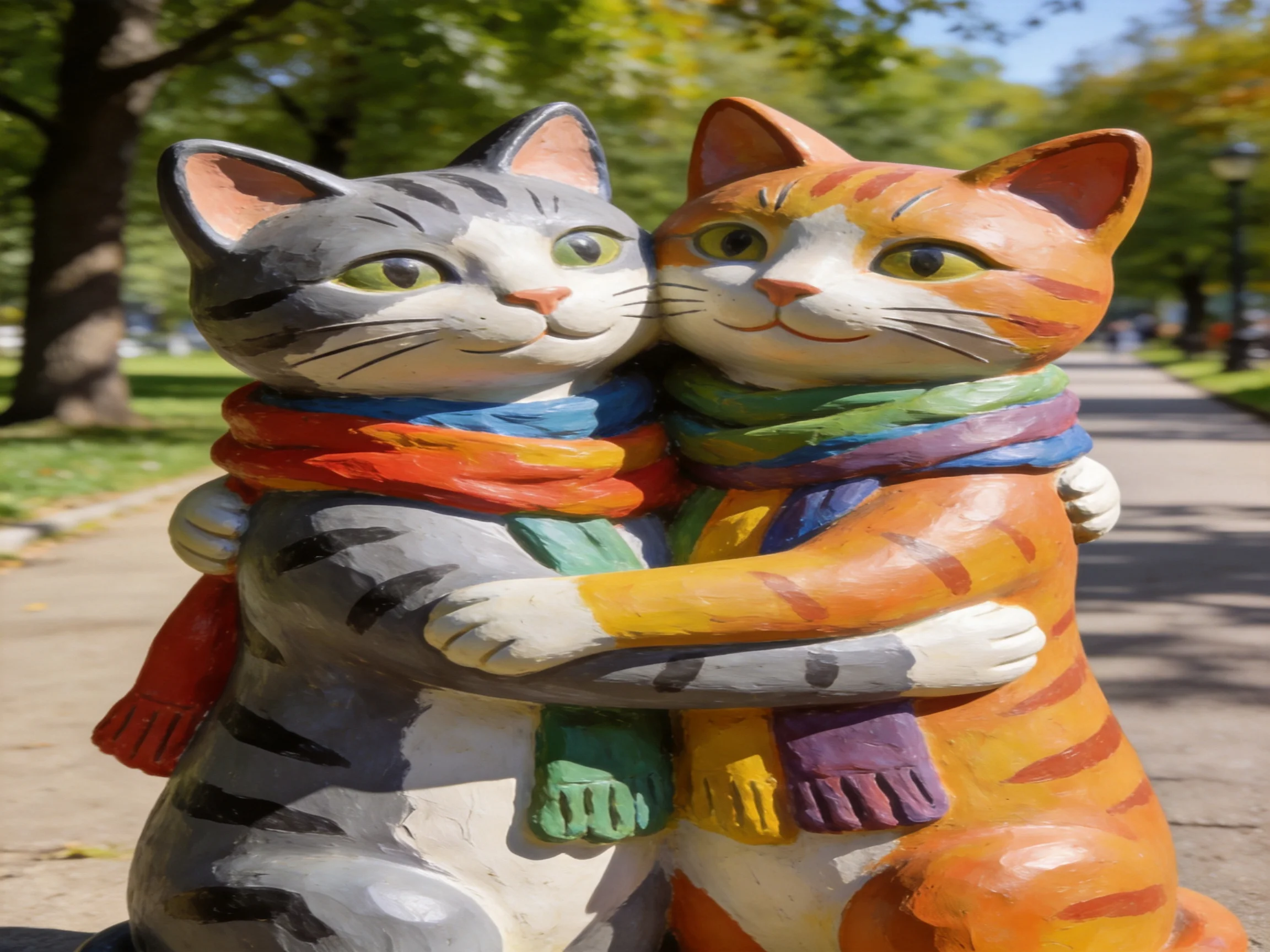 Two cat statues embrace with colorful scarves in a sunny park