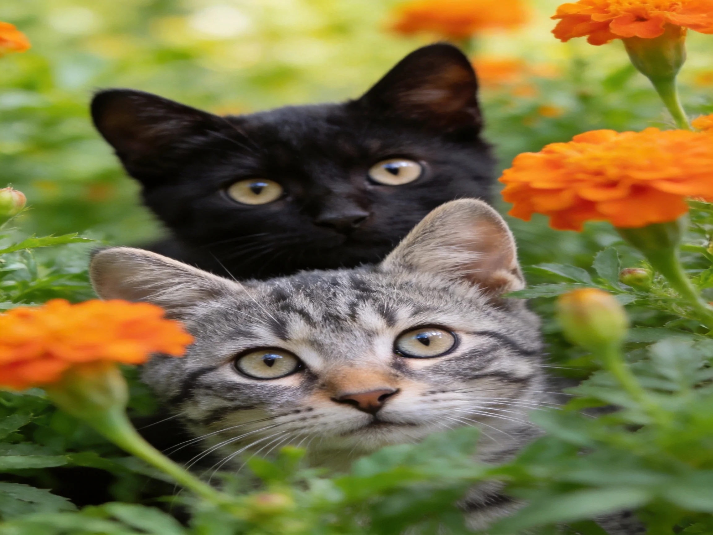 Two cats, one black and one gray, are nestled among orange flowers and green plants.