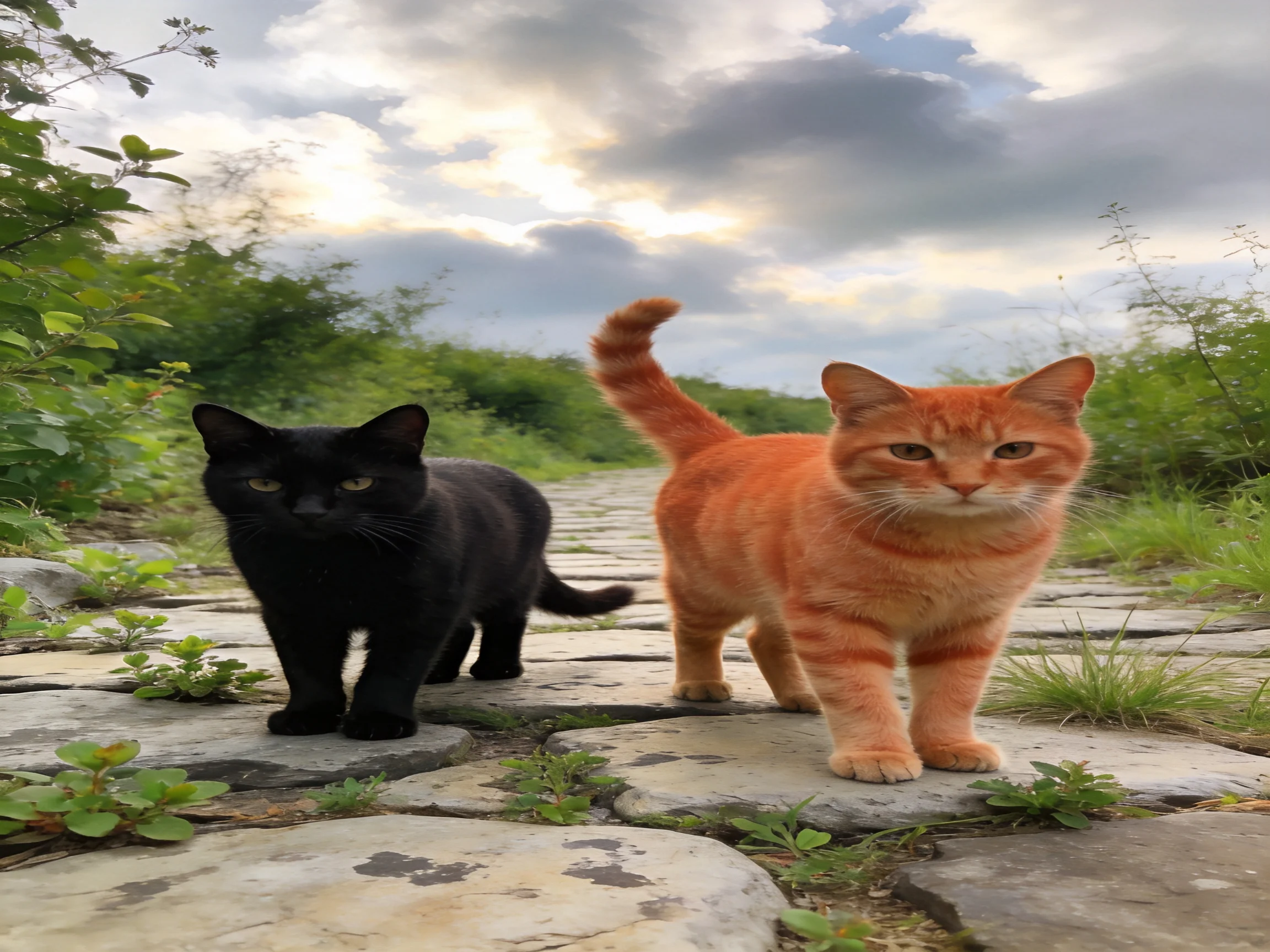 A black cat and an orange cat walk together on a stone path surrounded by vegetation.