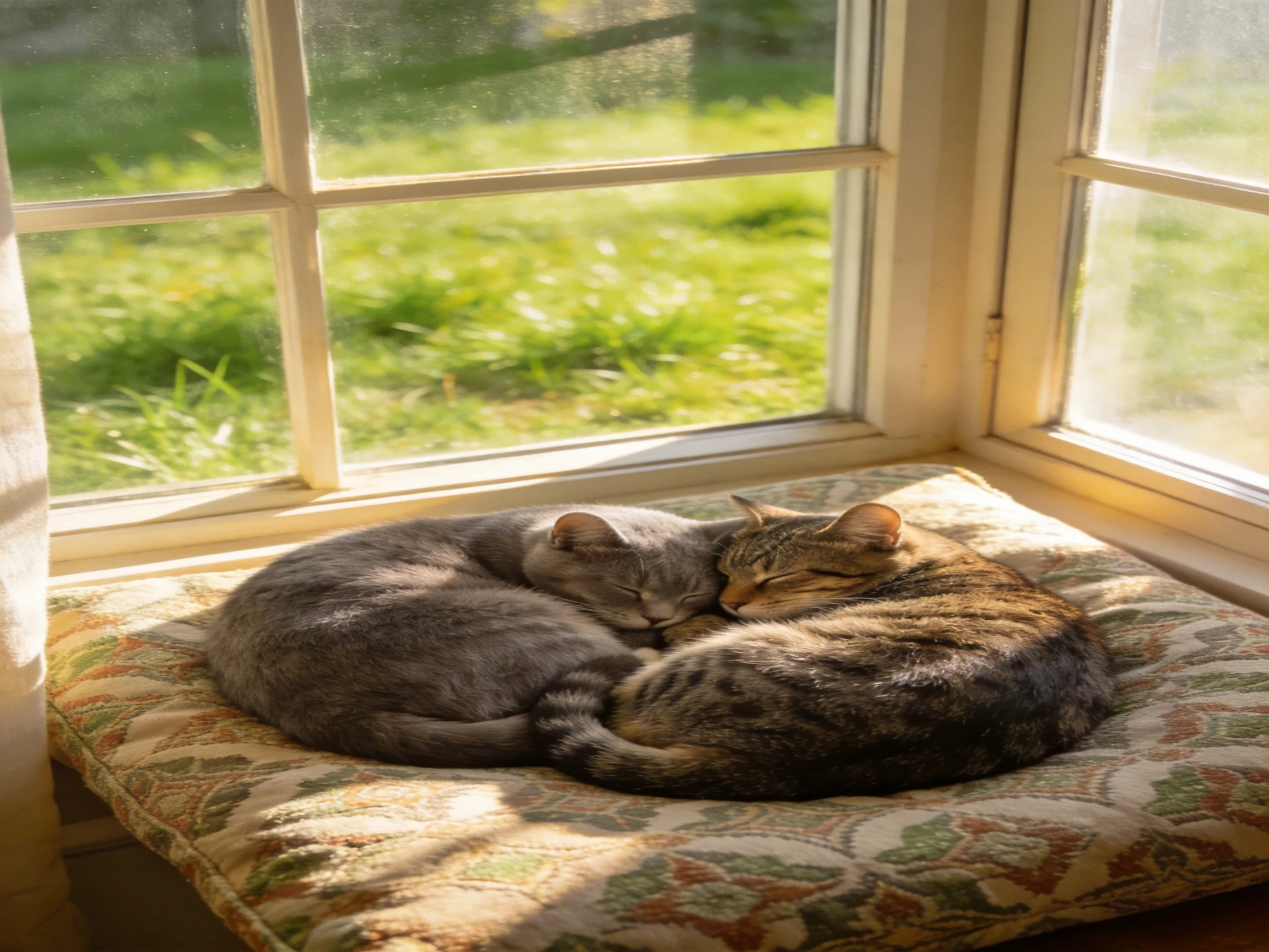 Two cats cuddle on a patterned cushion by a sunlit window