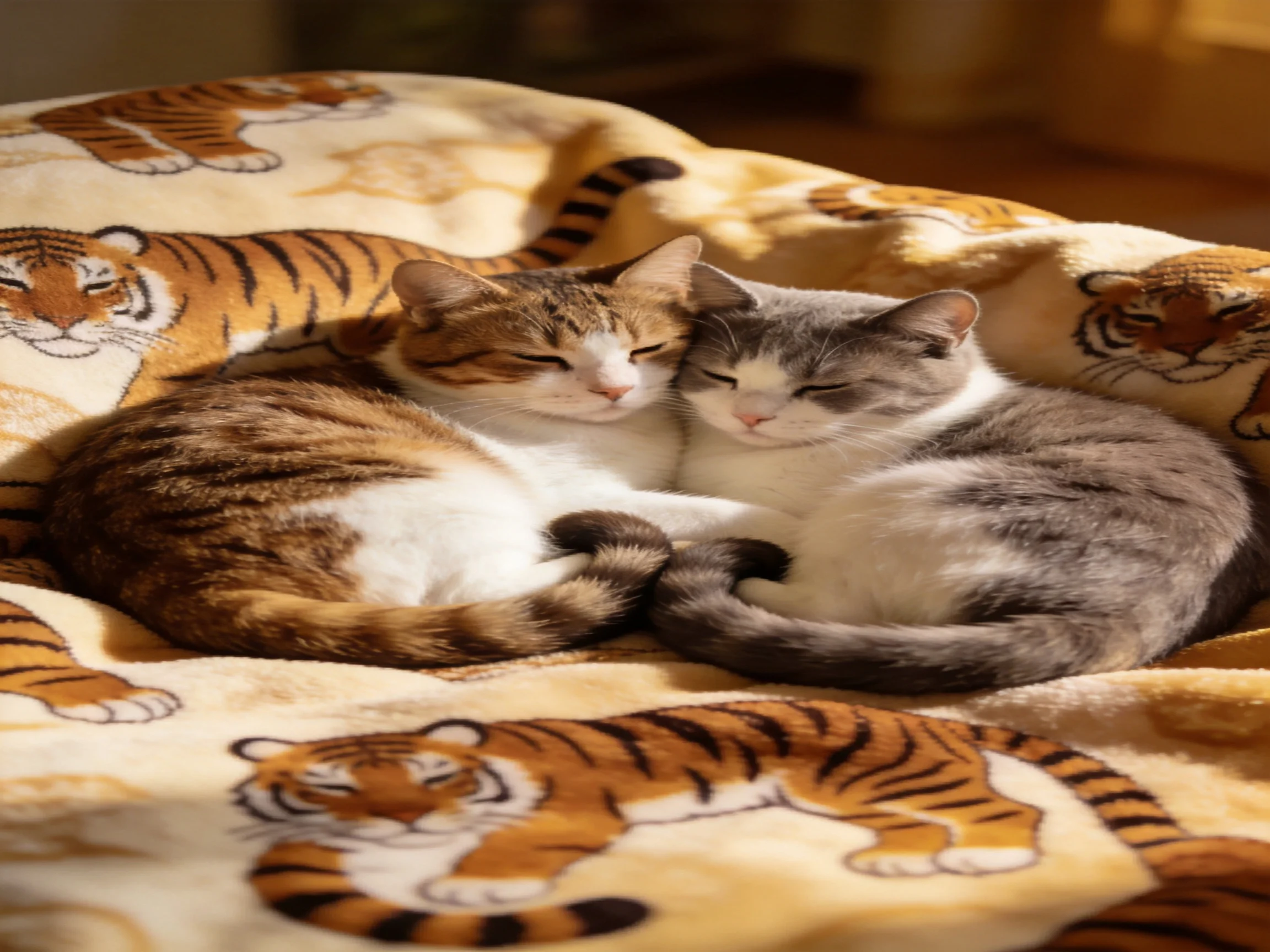 Two cats cuddle on a tiger-patterned blanket in warm sunlight