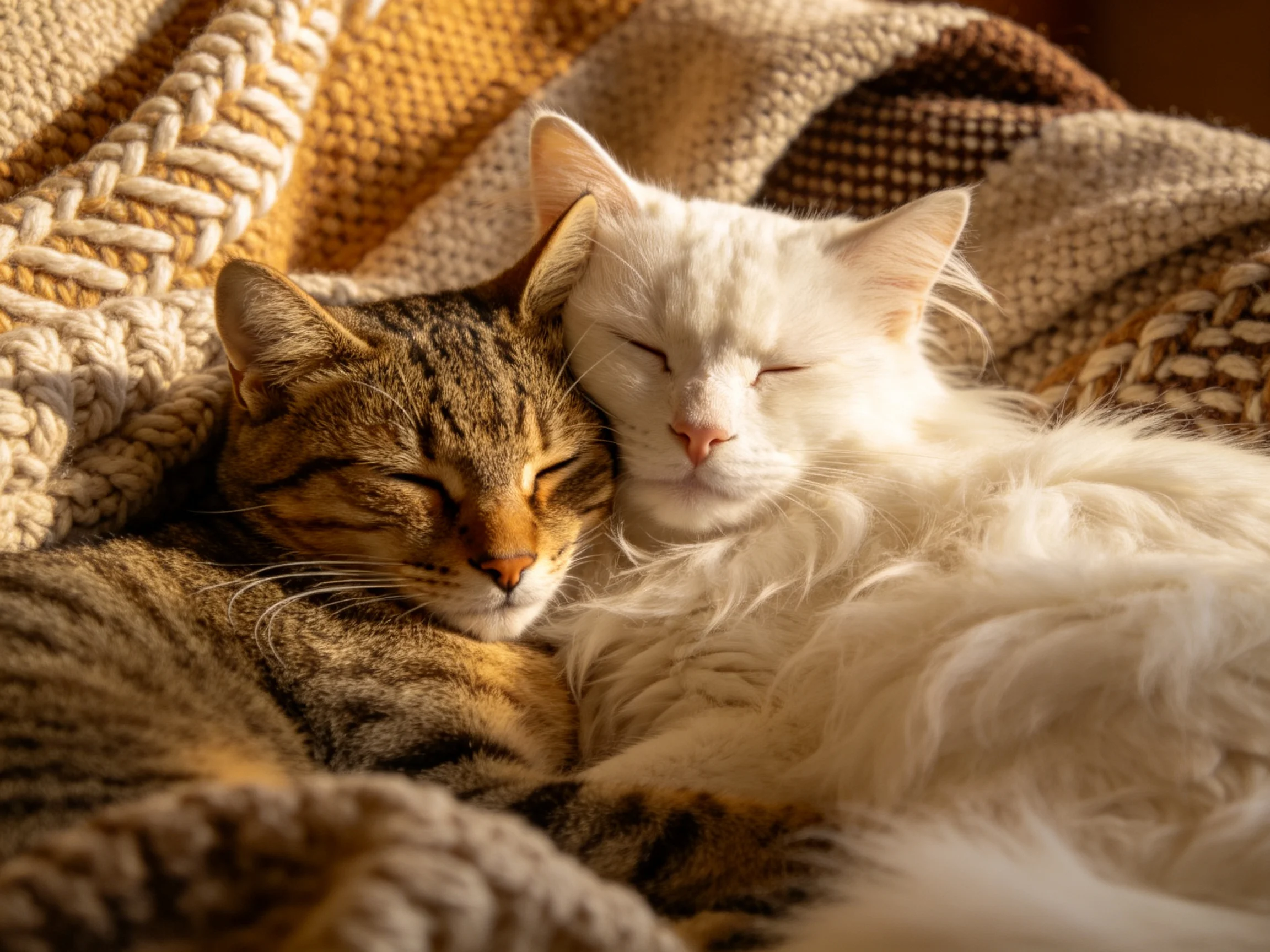 Two cats cuddle on warm, patterned blankets