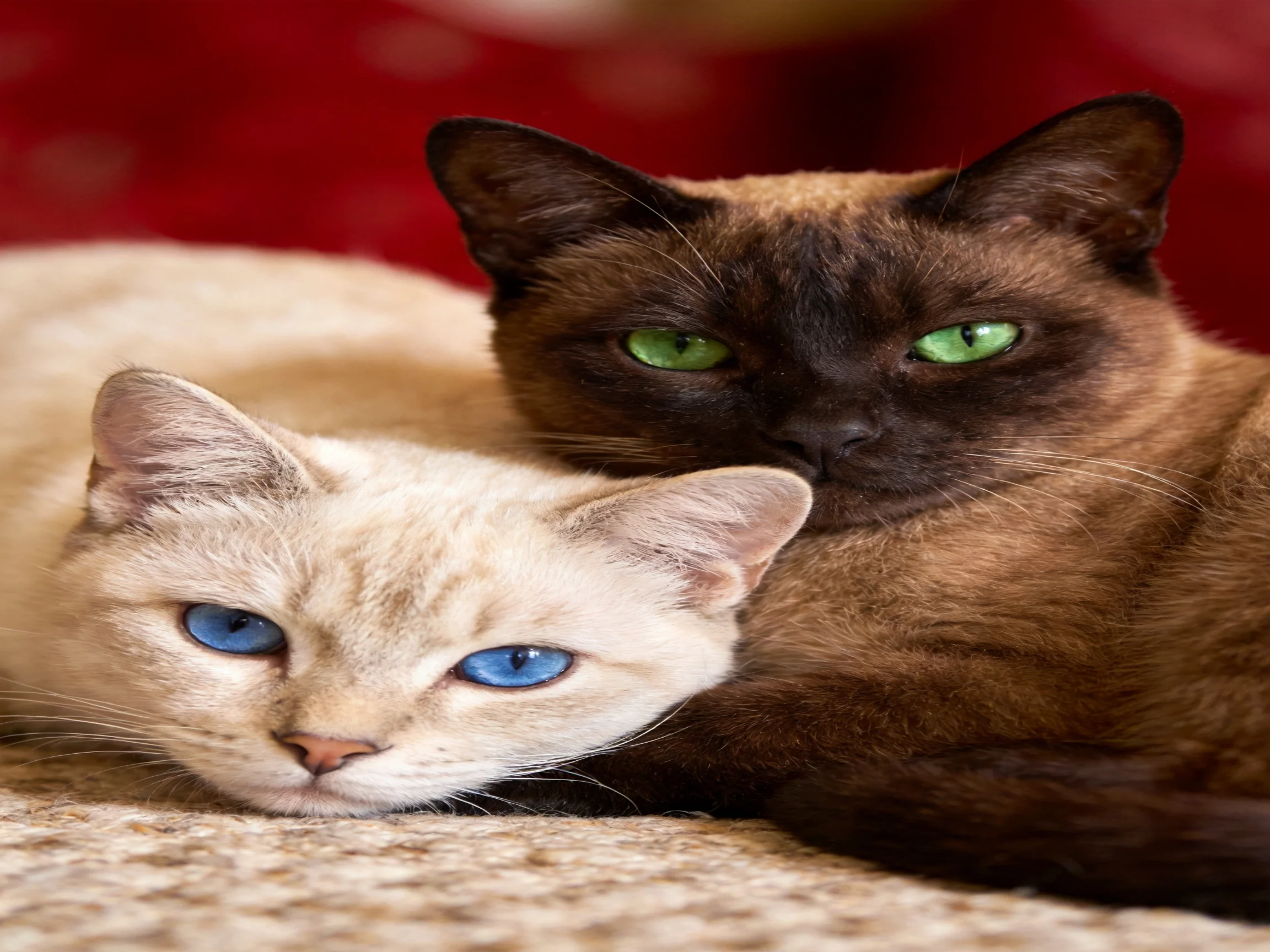 Two cats cuddle—one brown with green eyes, one cream with blue eyes