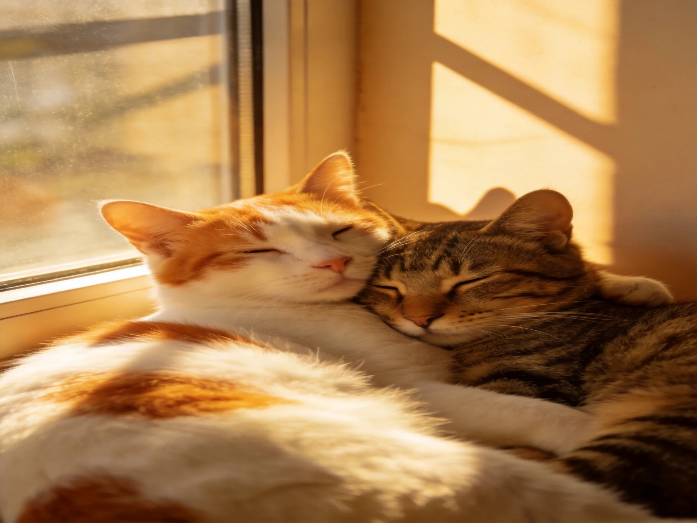 Two cats cuddlein warm sunlight by a sunlit window