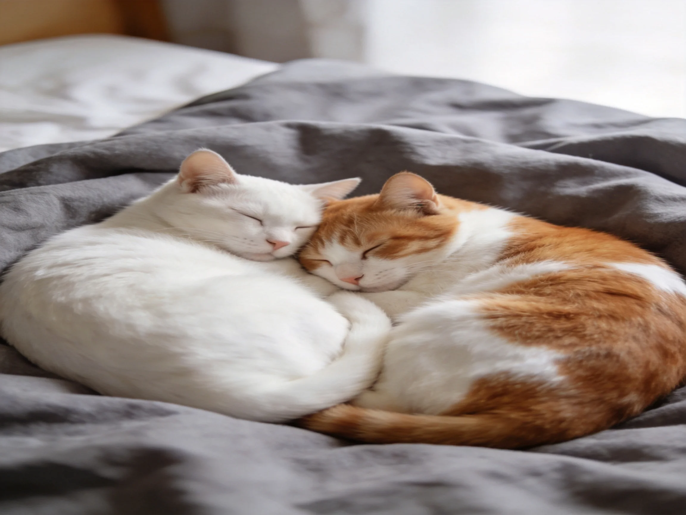 Two cats cuddling on a gray bedspread—one white, one orange