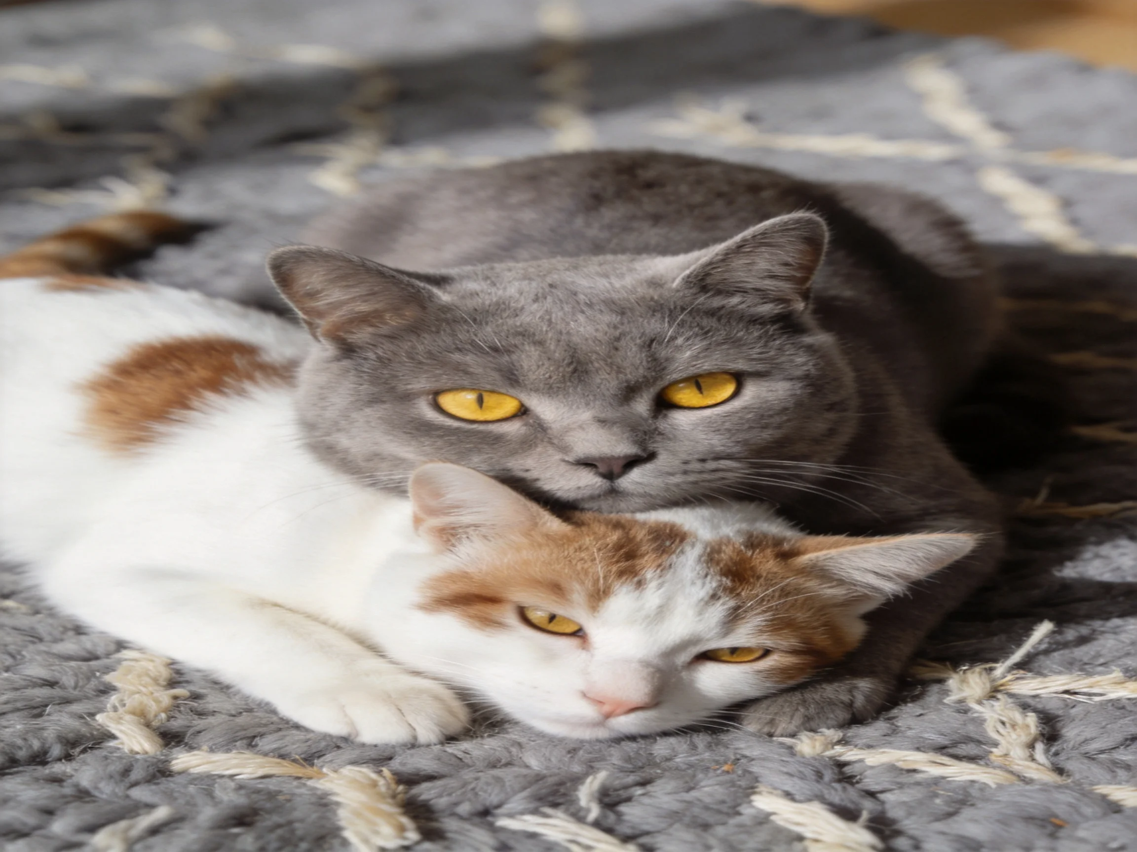 Two cats cuddling on a textured