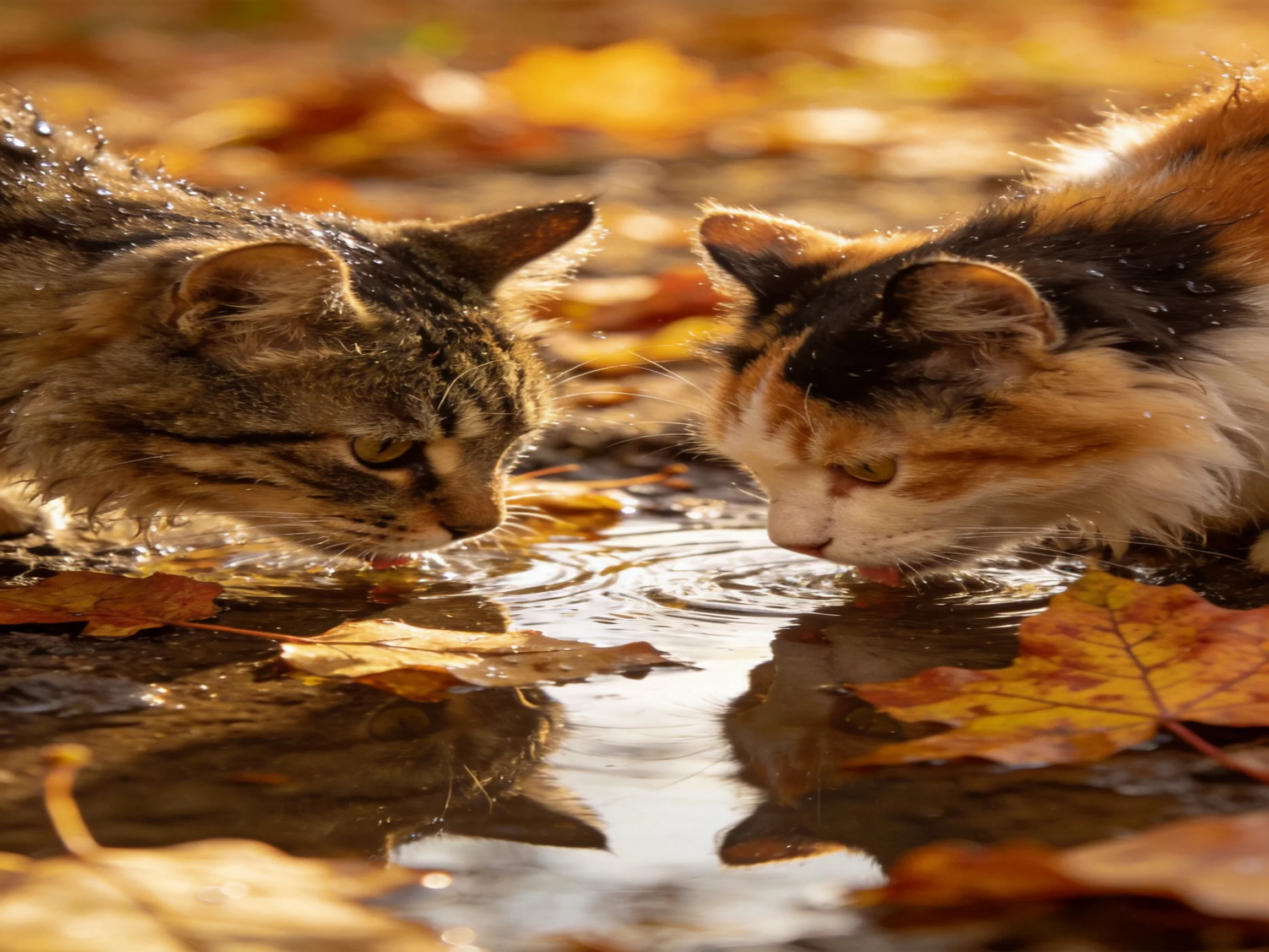 Two cats drink from a puddle amid golden autumn leaves