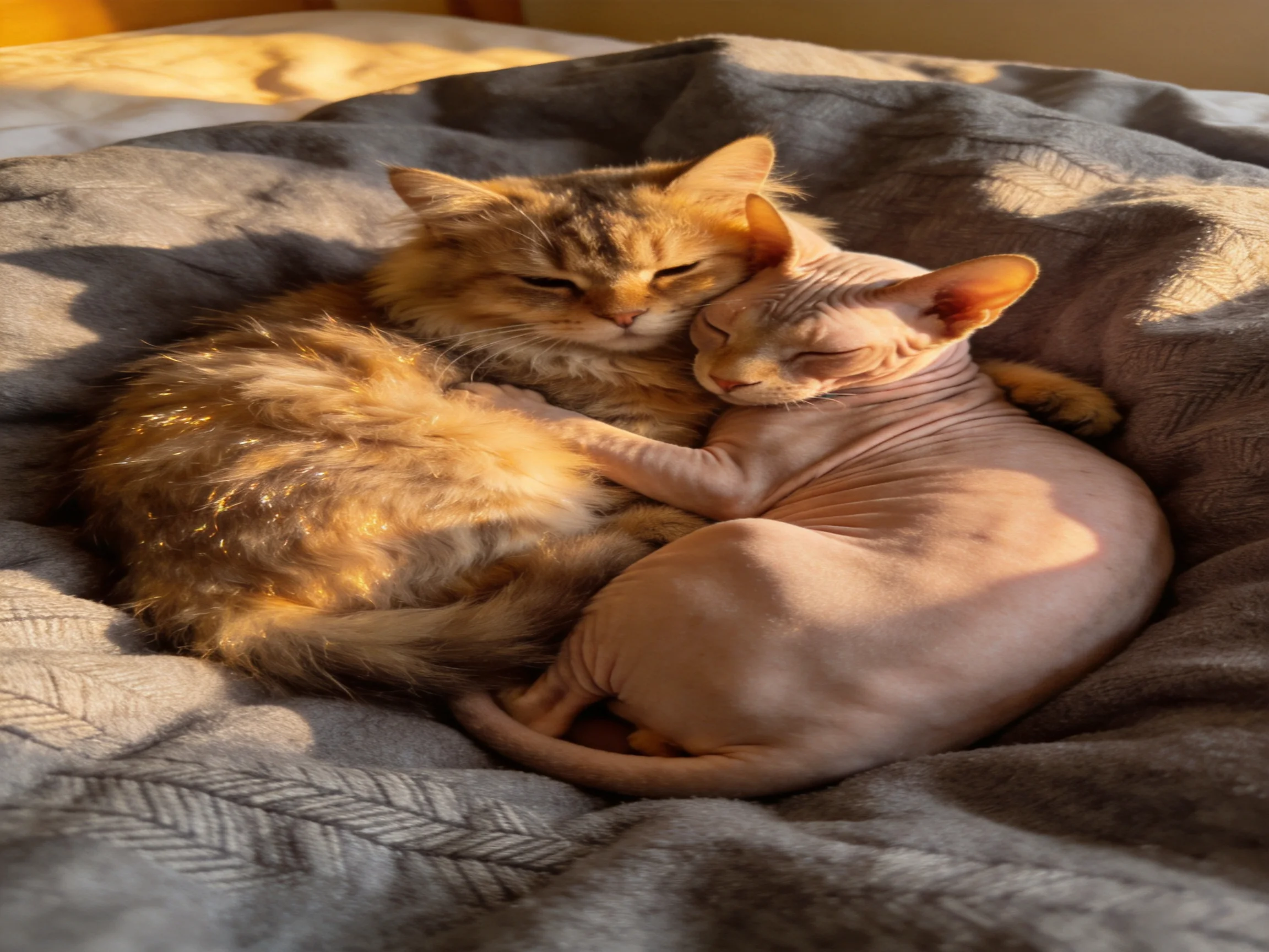 Two cats—fluffy orange and hairless—cuddle on a gray blanket in sunlight