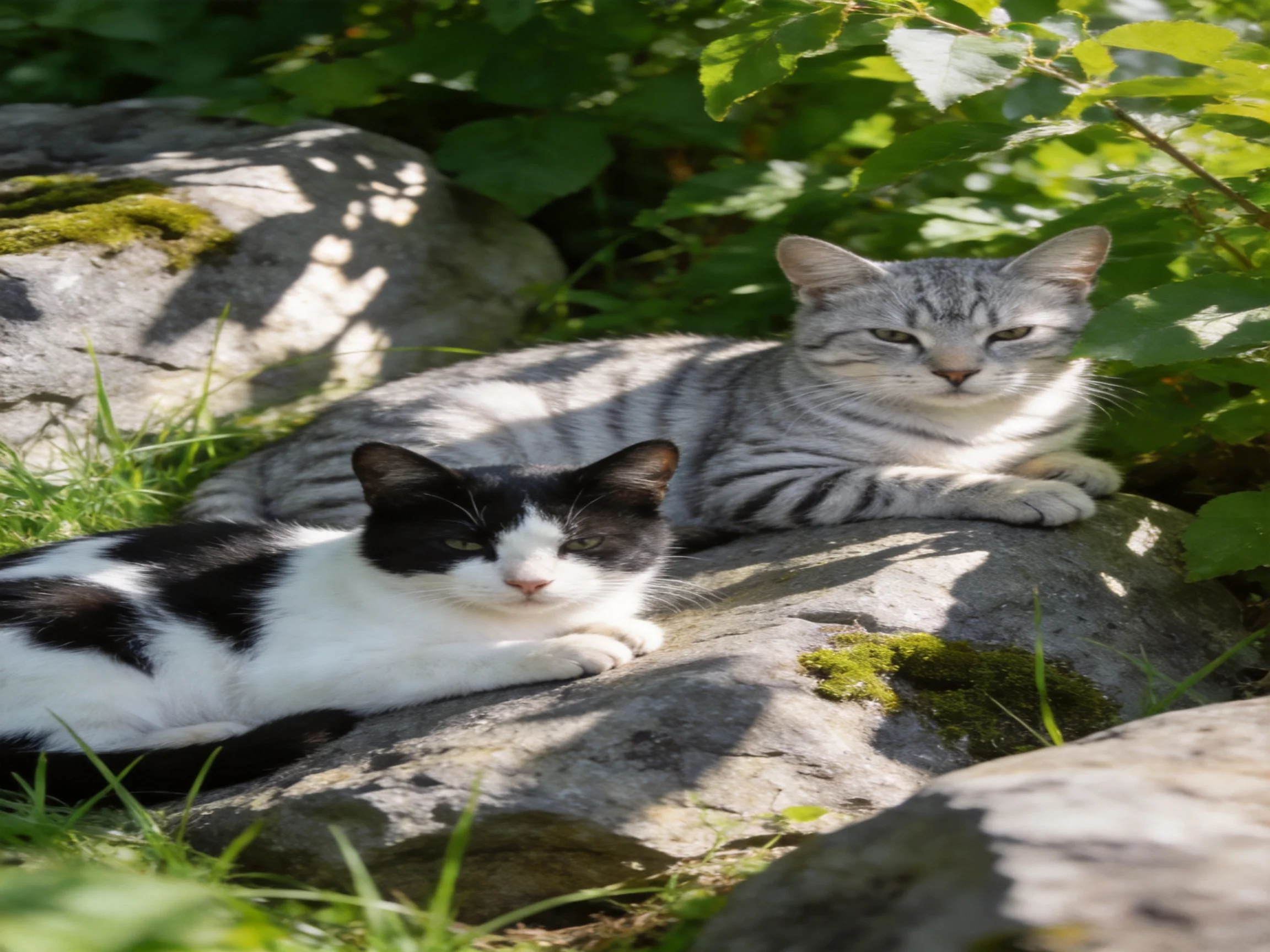 Two cats lounge on mossy rocks surrounded by greenery