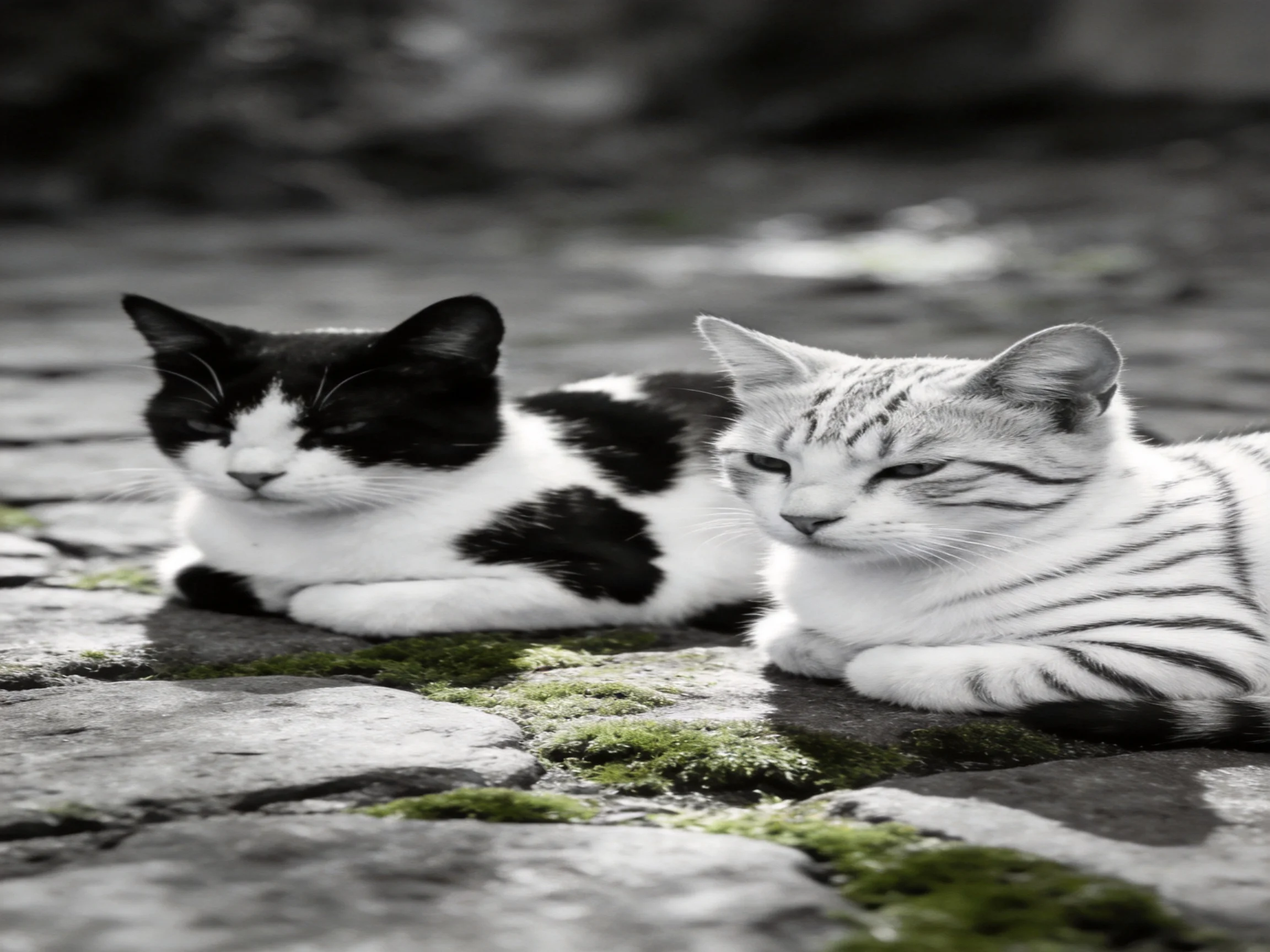 Two cats lounge on mossy stone pavement—one black and white, one tabby