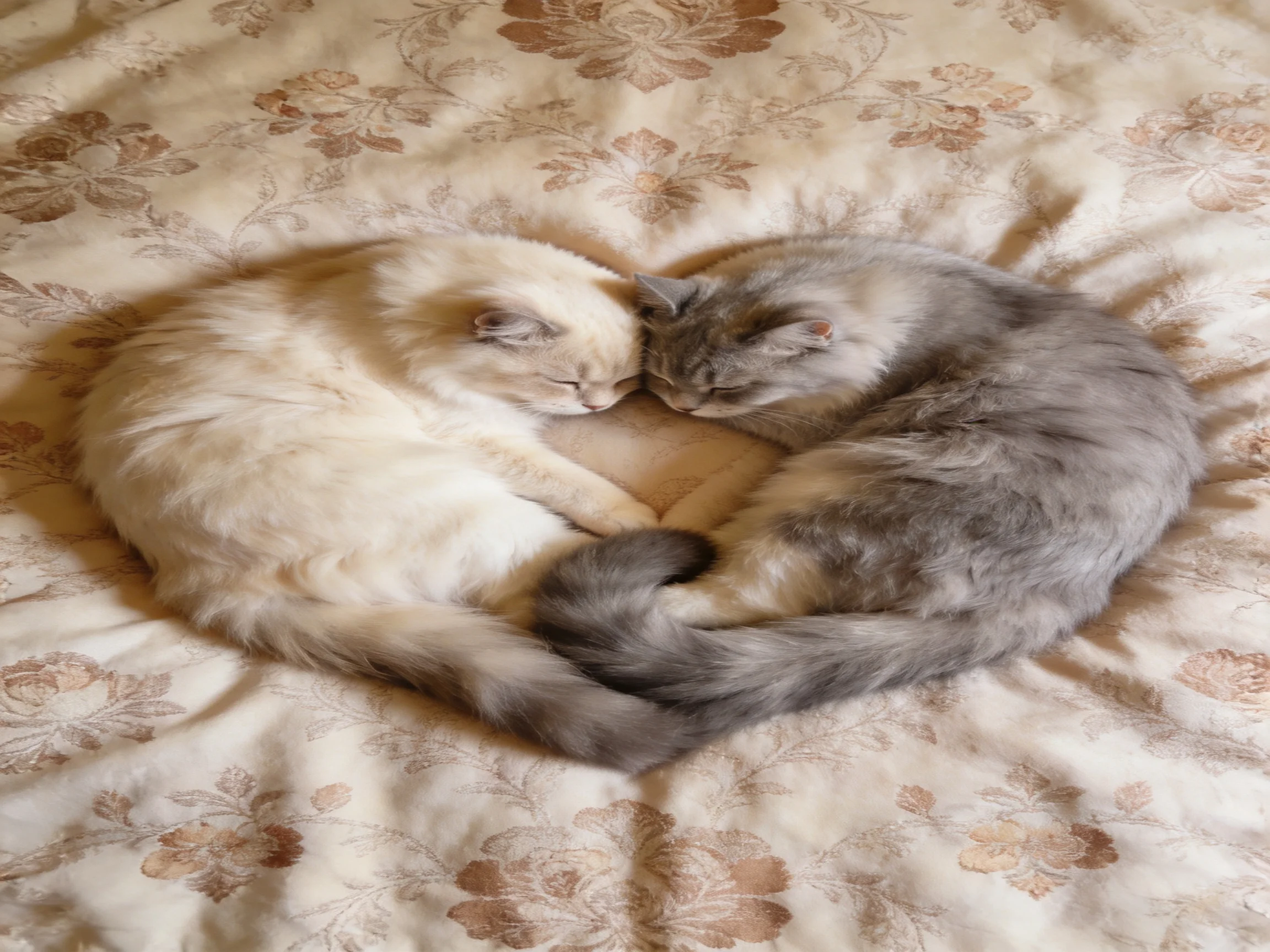 Two cats of different colors form a heart shape on a floral bedspread