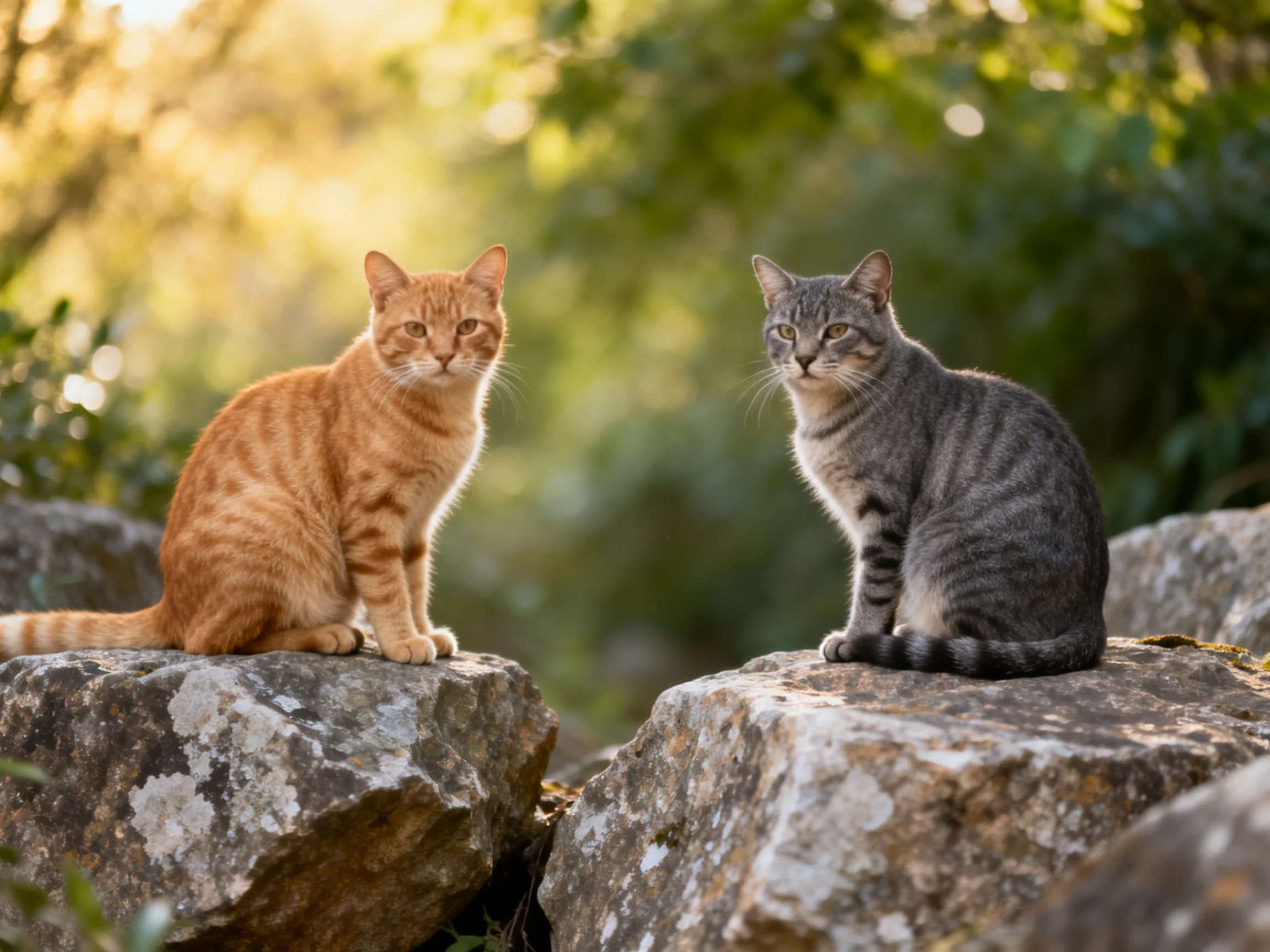Two cats of orange and gray hues sit on weathered rocks amid greenery