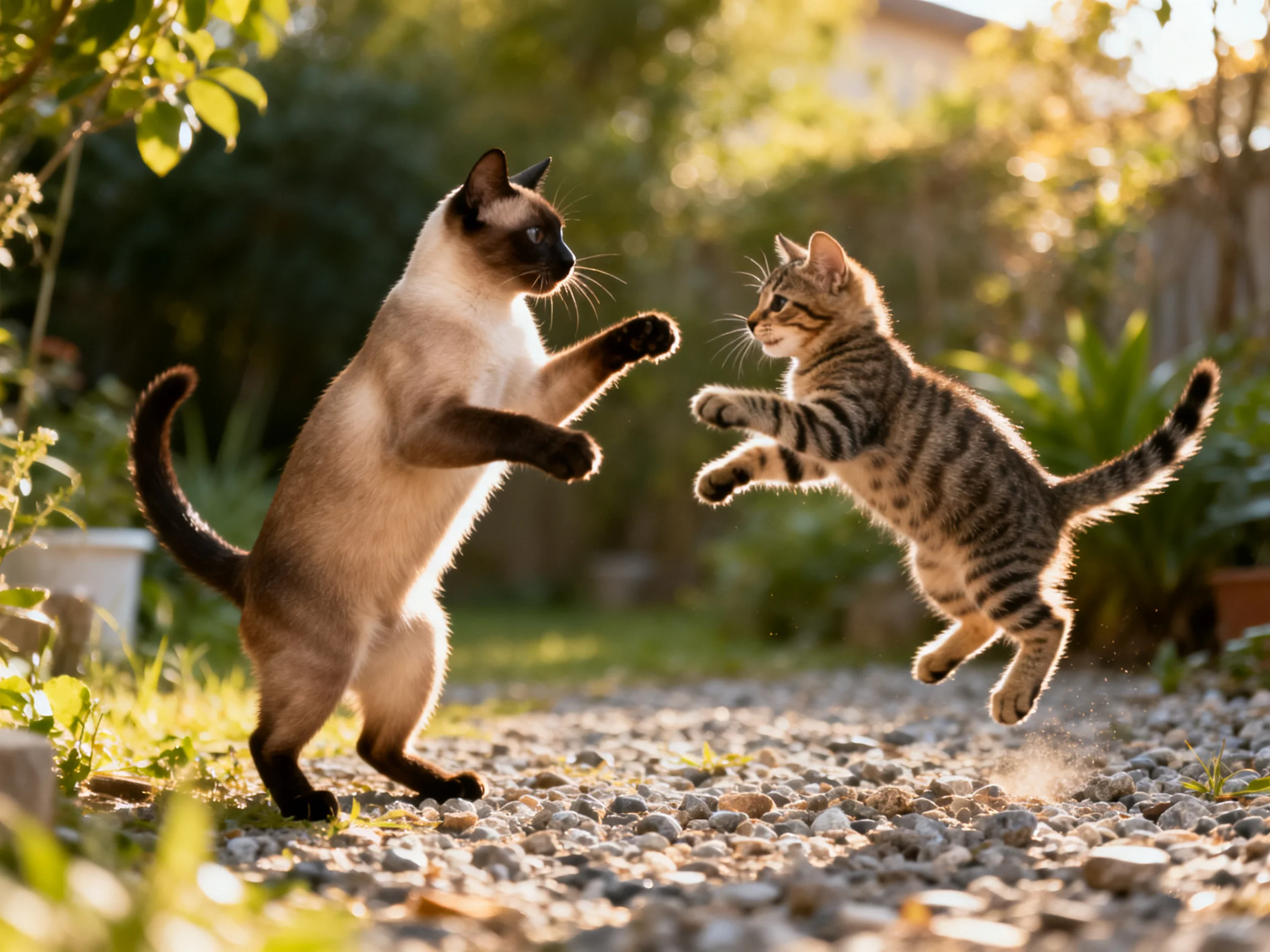 Two cats—one Siamese, one tabby—play on a gravel path in a sunlit garden
