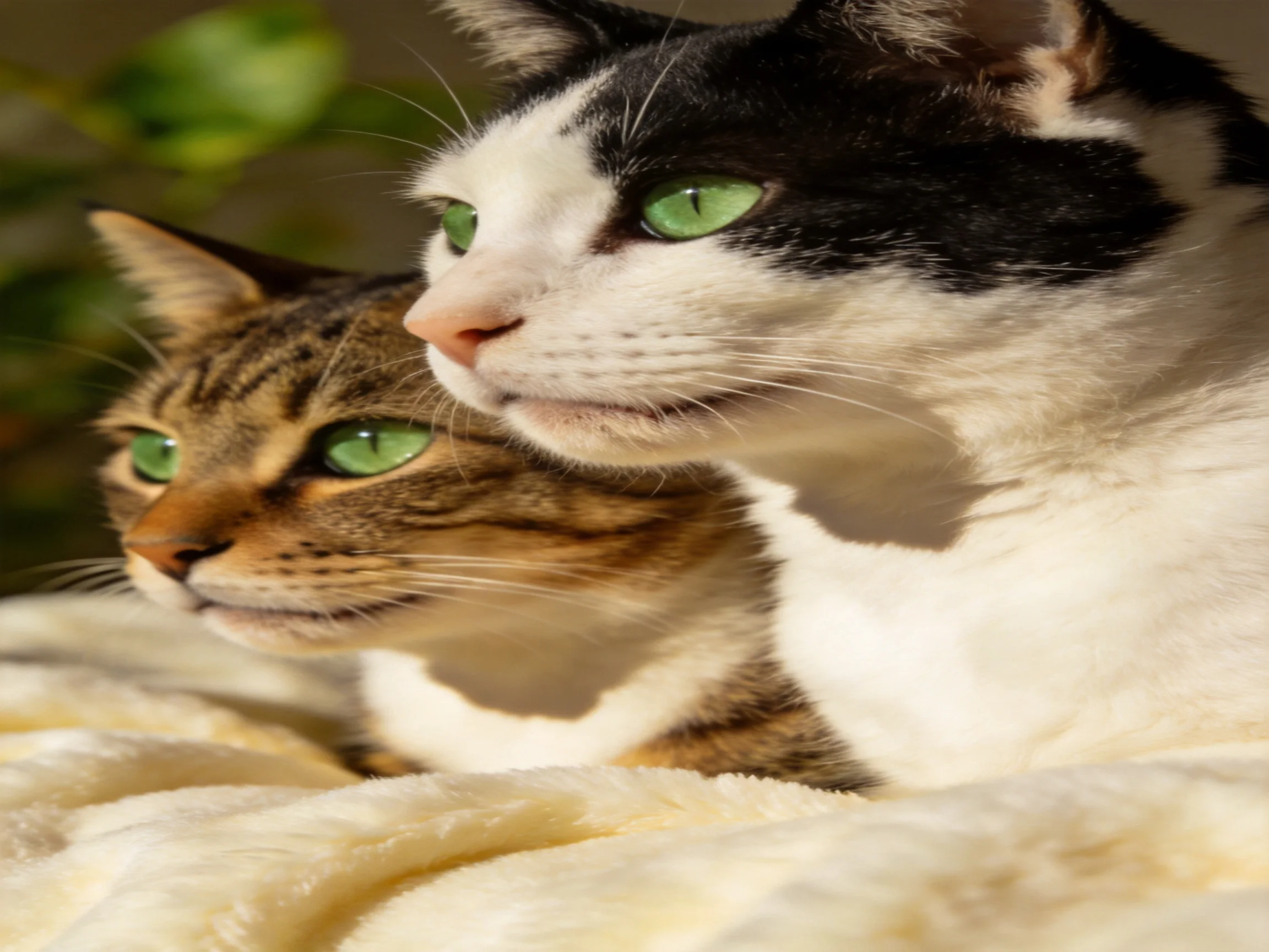 Two cats rest closely together on a soft blanket in natural light.