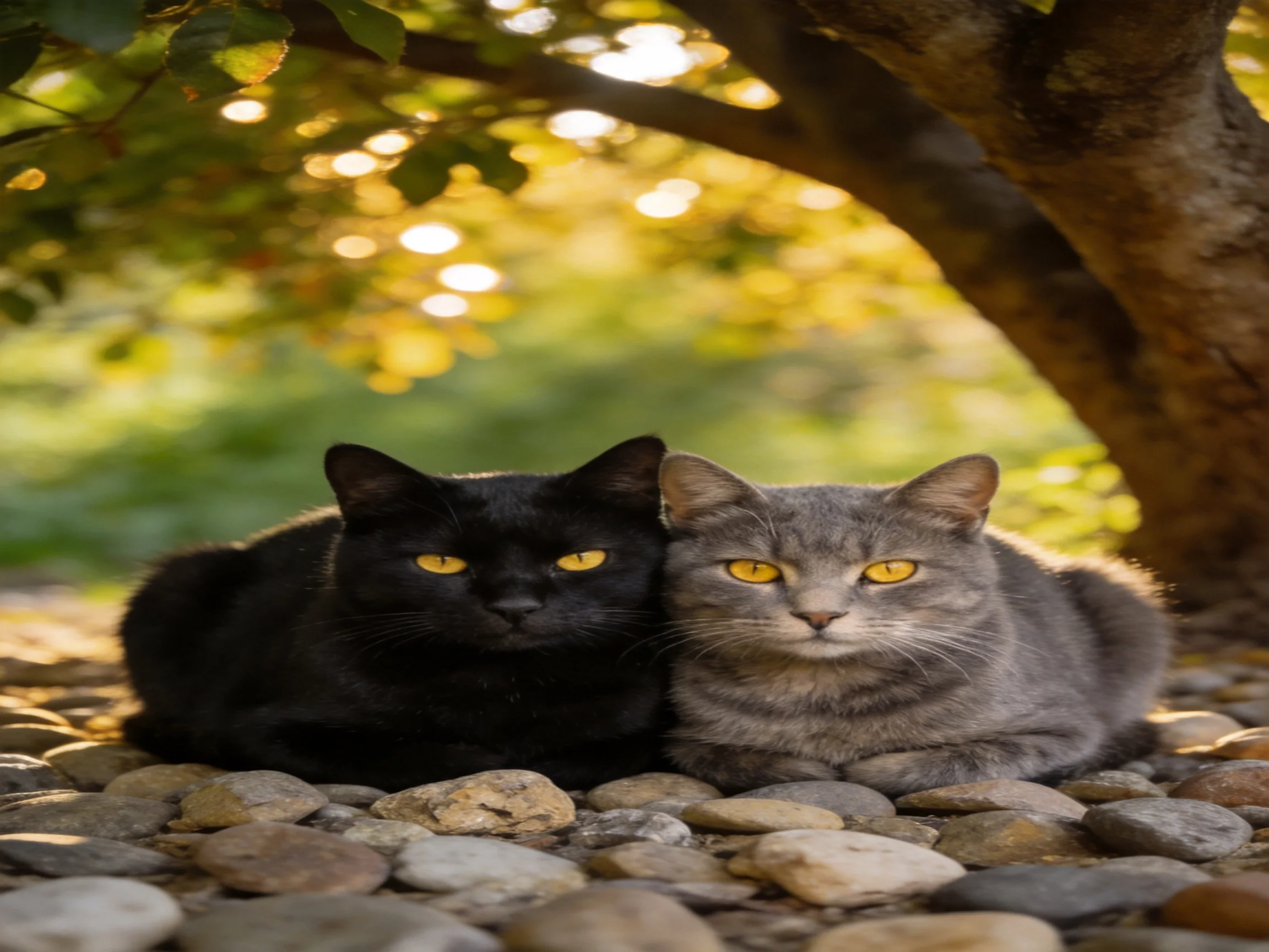 Two cats sit closely together on pebbles near a shaded tree.