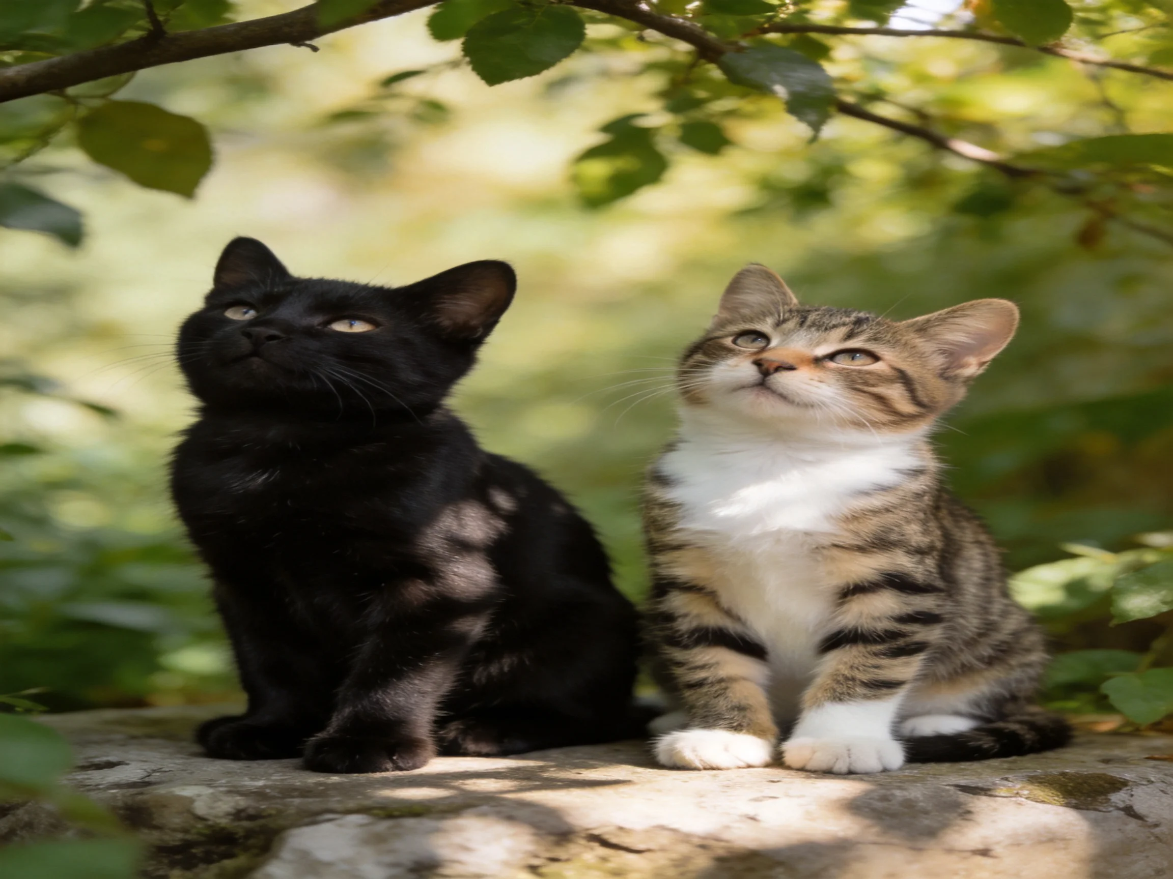Two cats sit together on a stone in a leafy, sunlit area.