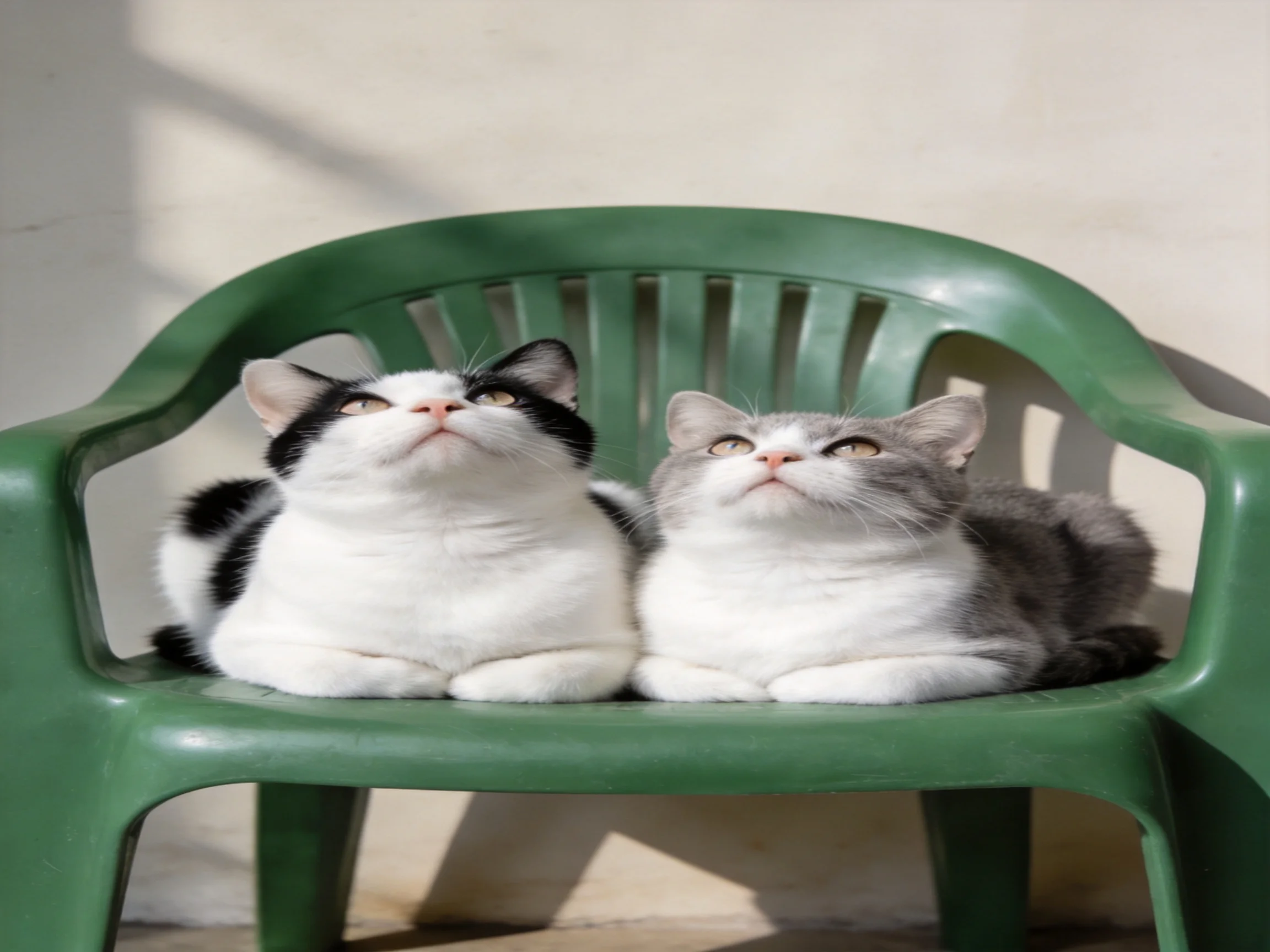 Two cats, one black-and-white, one gray-and-white, relax on a green plastic chair.