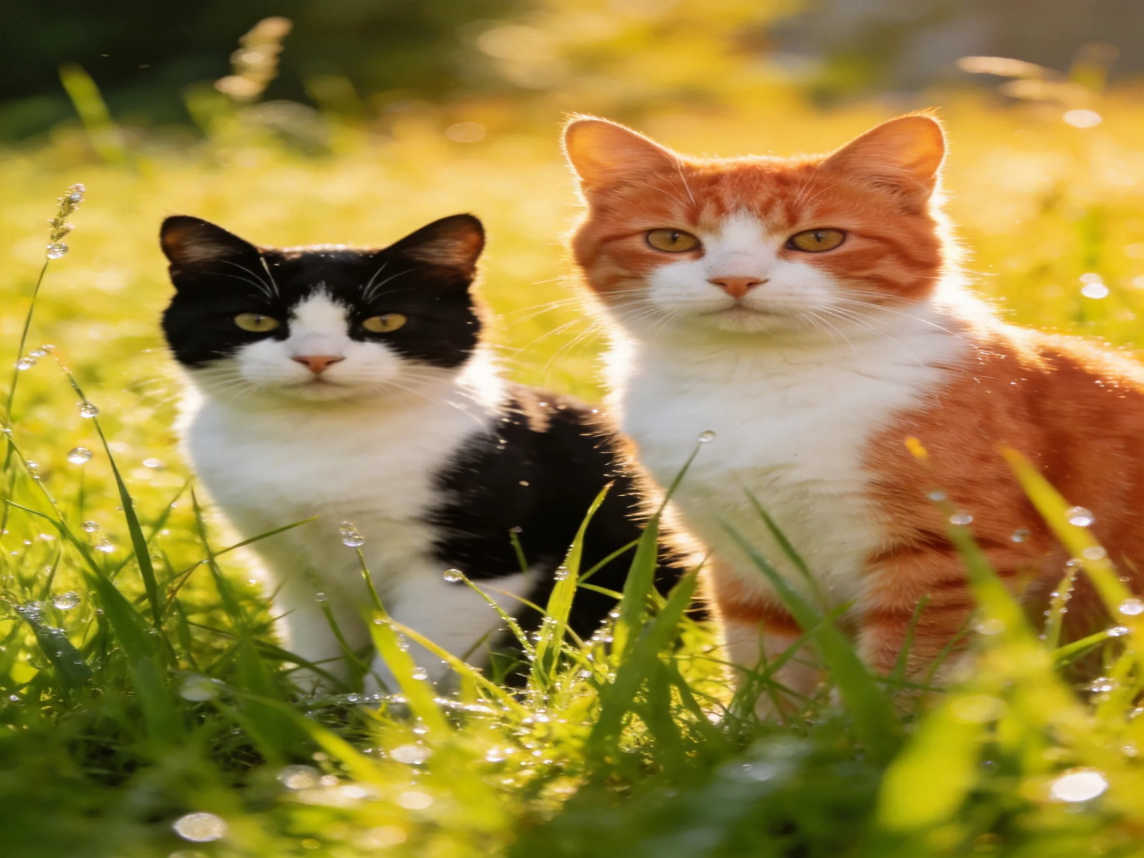 Two cats—one black-and-white, one orange-and-white—sit in dewy grass