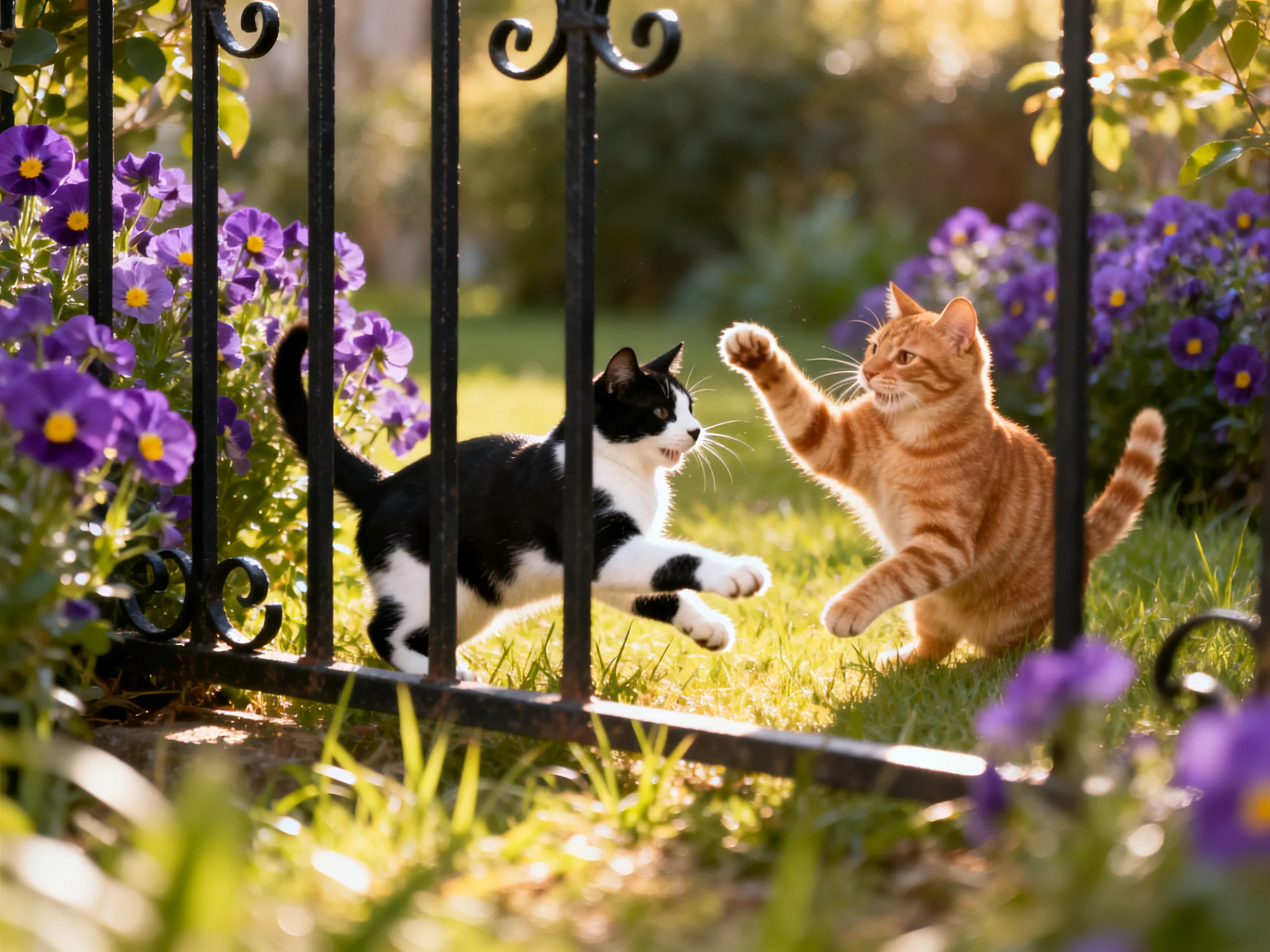 Two cats—one black and white, one orange—play near a wrought iron fence