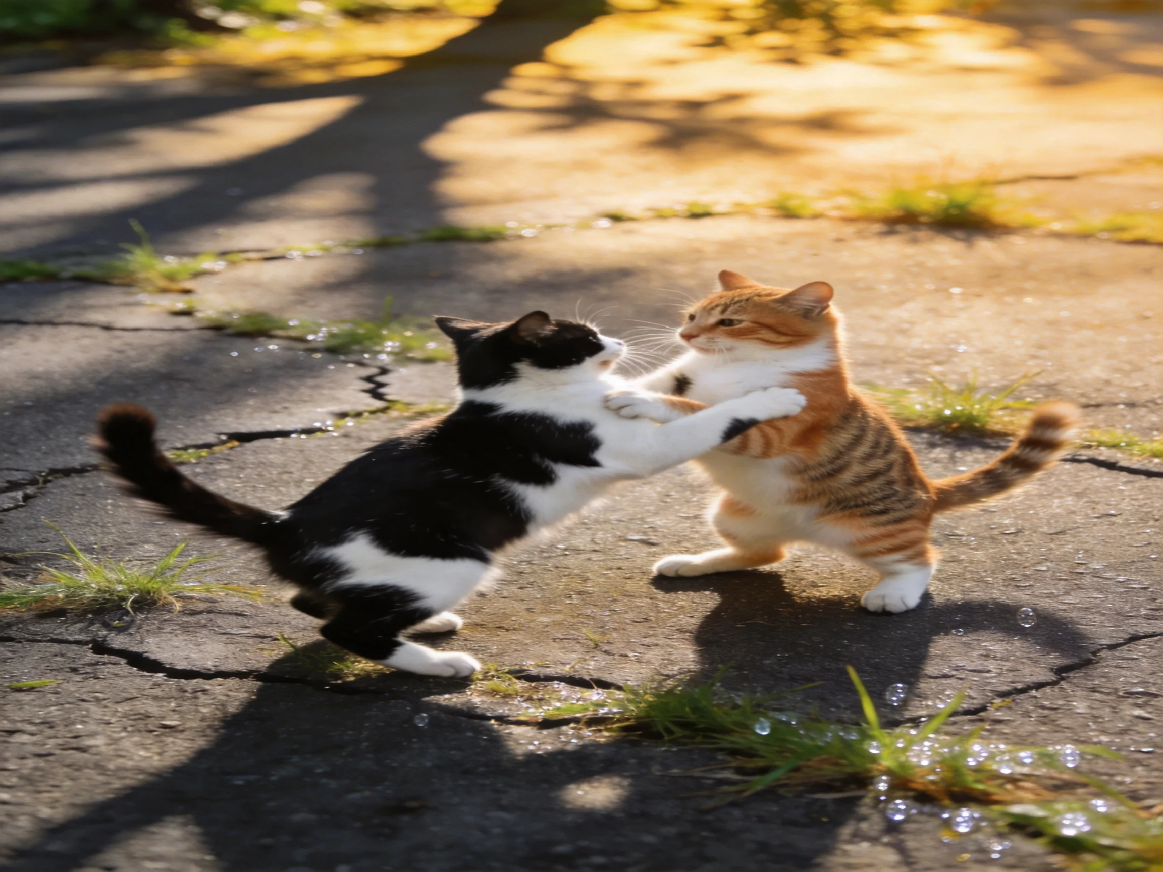Two cats—one black and white, one orange—play on a cracked pavement with grass patches