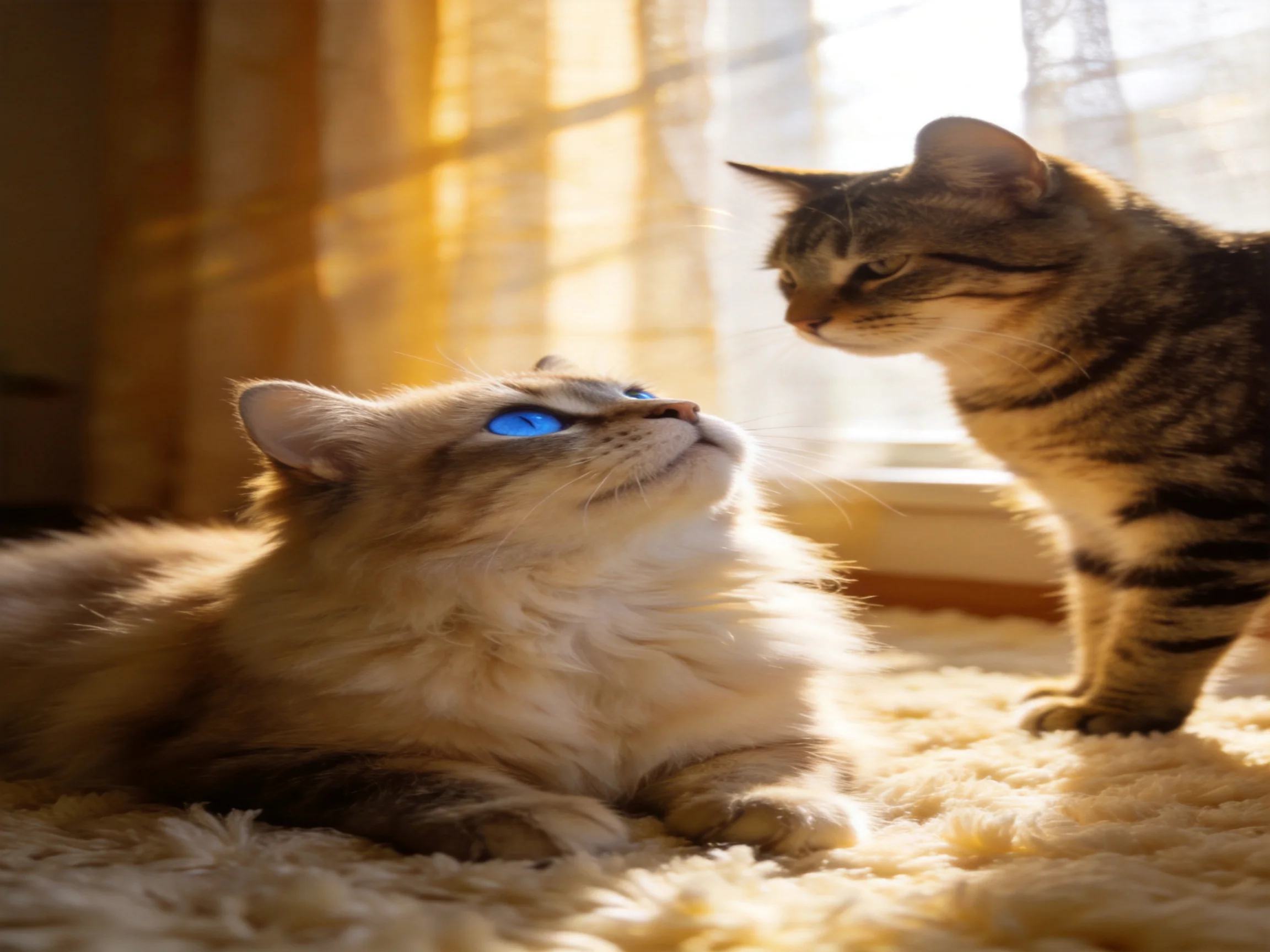 Two cats interact on a sunlit rug near a window.