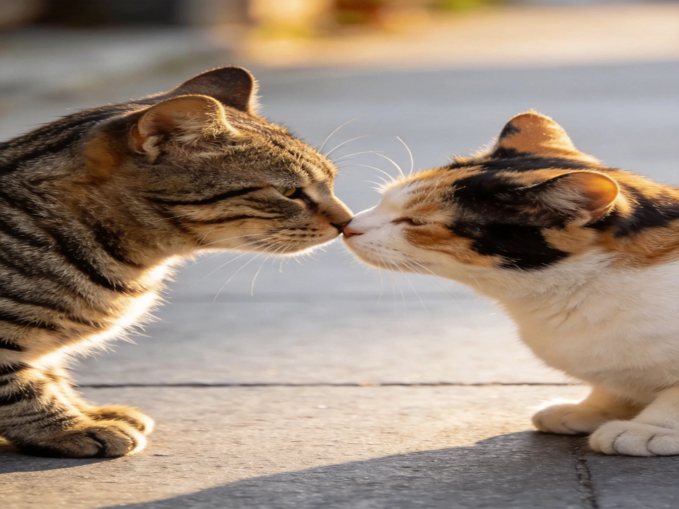 A tabby and calico cat share an affectionate moment on a sunlit pavement.