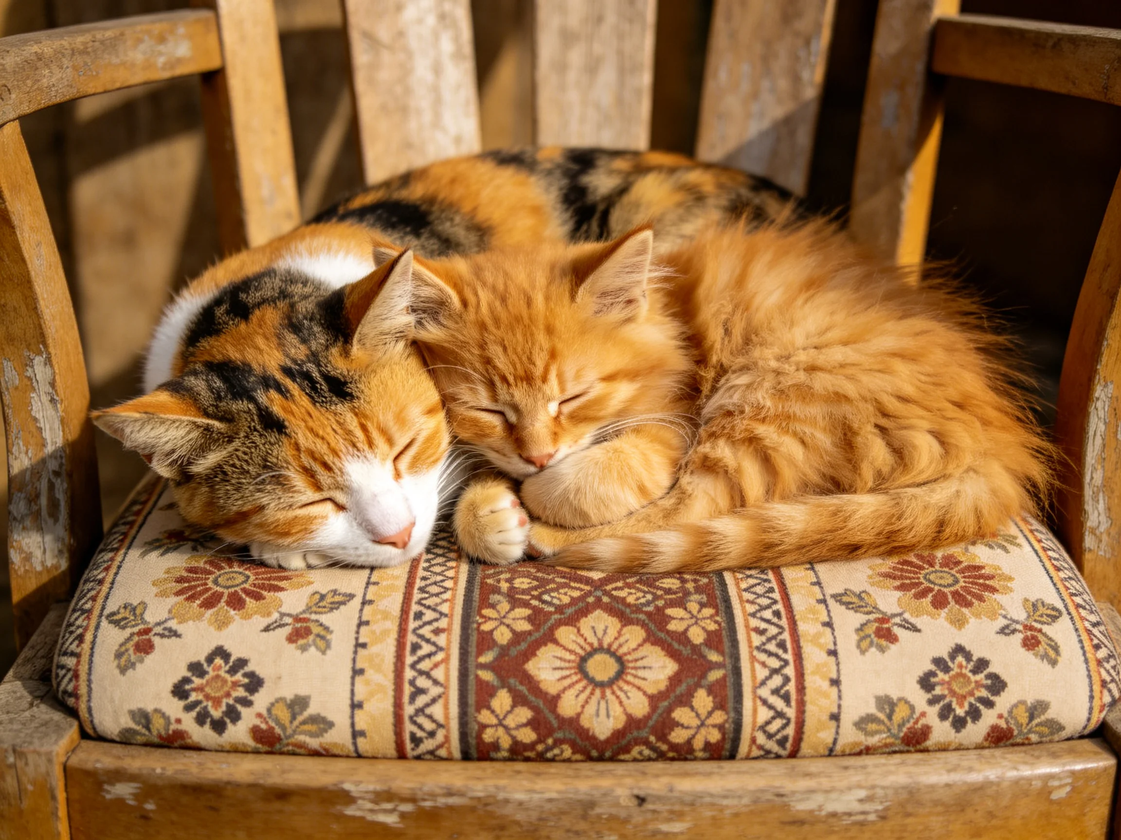 Two cats, one calico and one orange, sleep on a floral-patterned chair cushion