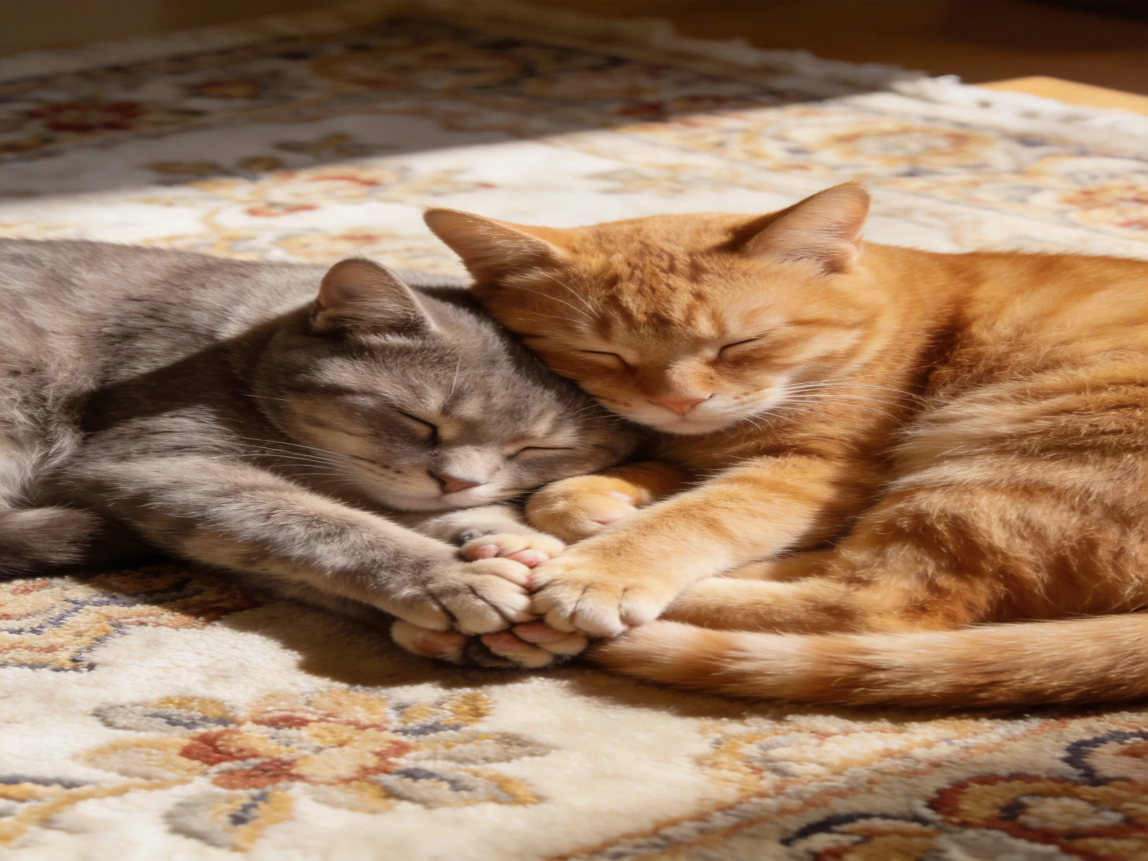 Two cats, one gray one orange, cuddle on a patterned rug in sunlight