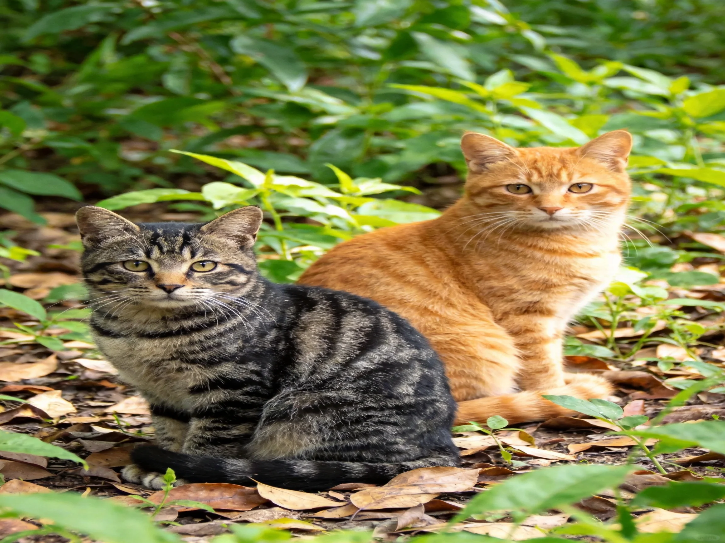Two cats—a gray tabby and an orange cat—sit together in a leafy outdoor space.