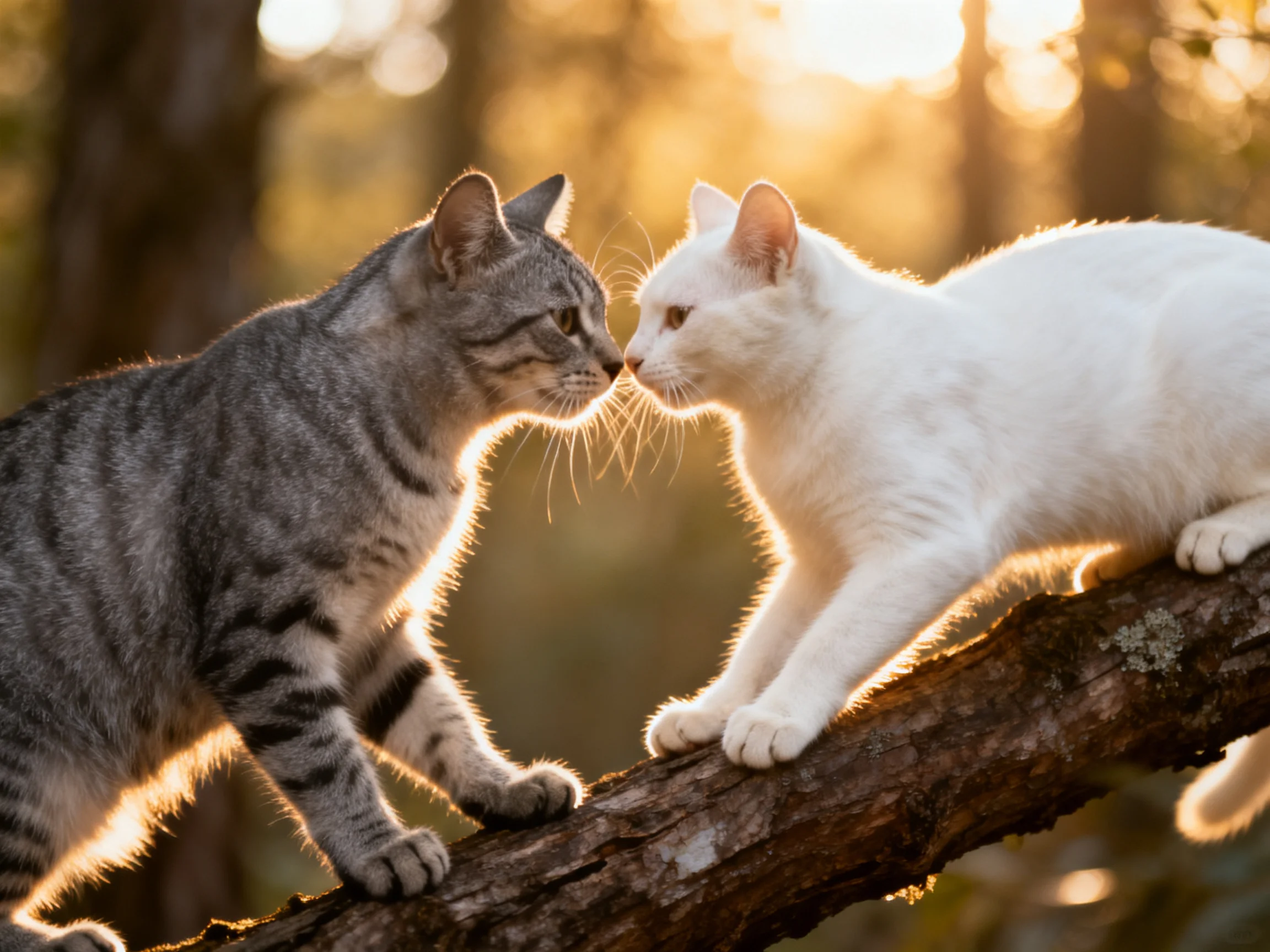 Two cats, one gray tabby and one white, share a moment on a tree branch at sunset