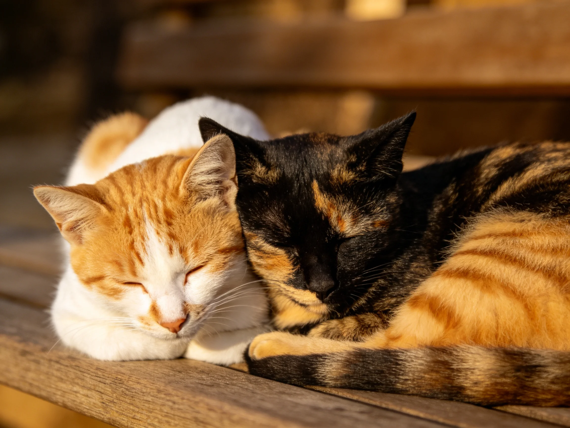Two cats of different colors sleep closely beside each other on a wooden bench.