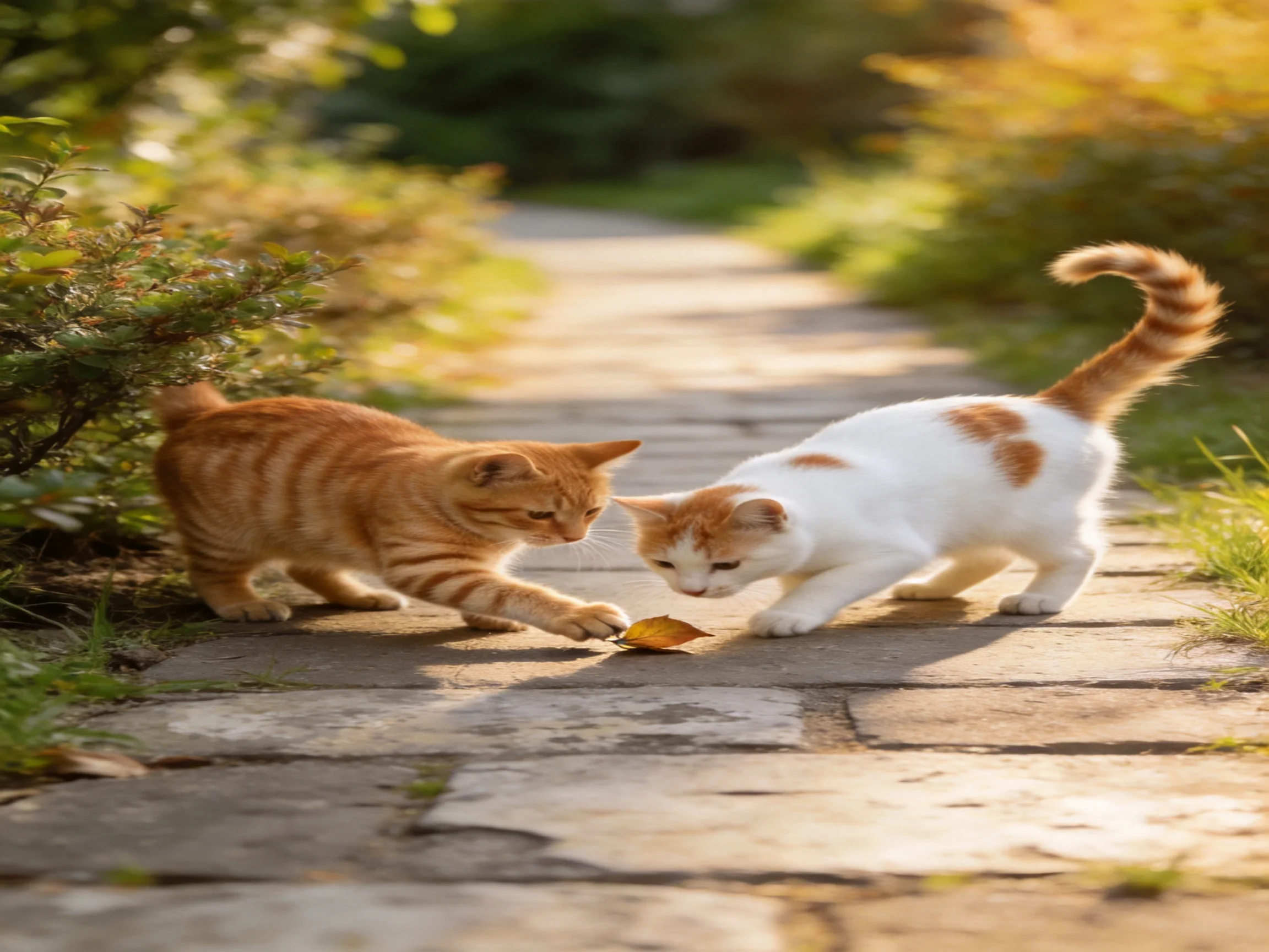 Two cats—one orange tabby, one white with orange—play with a leaf on a sunlit stone path