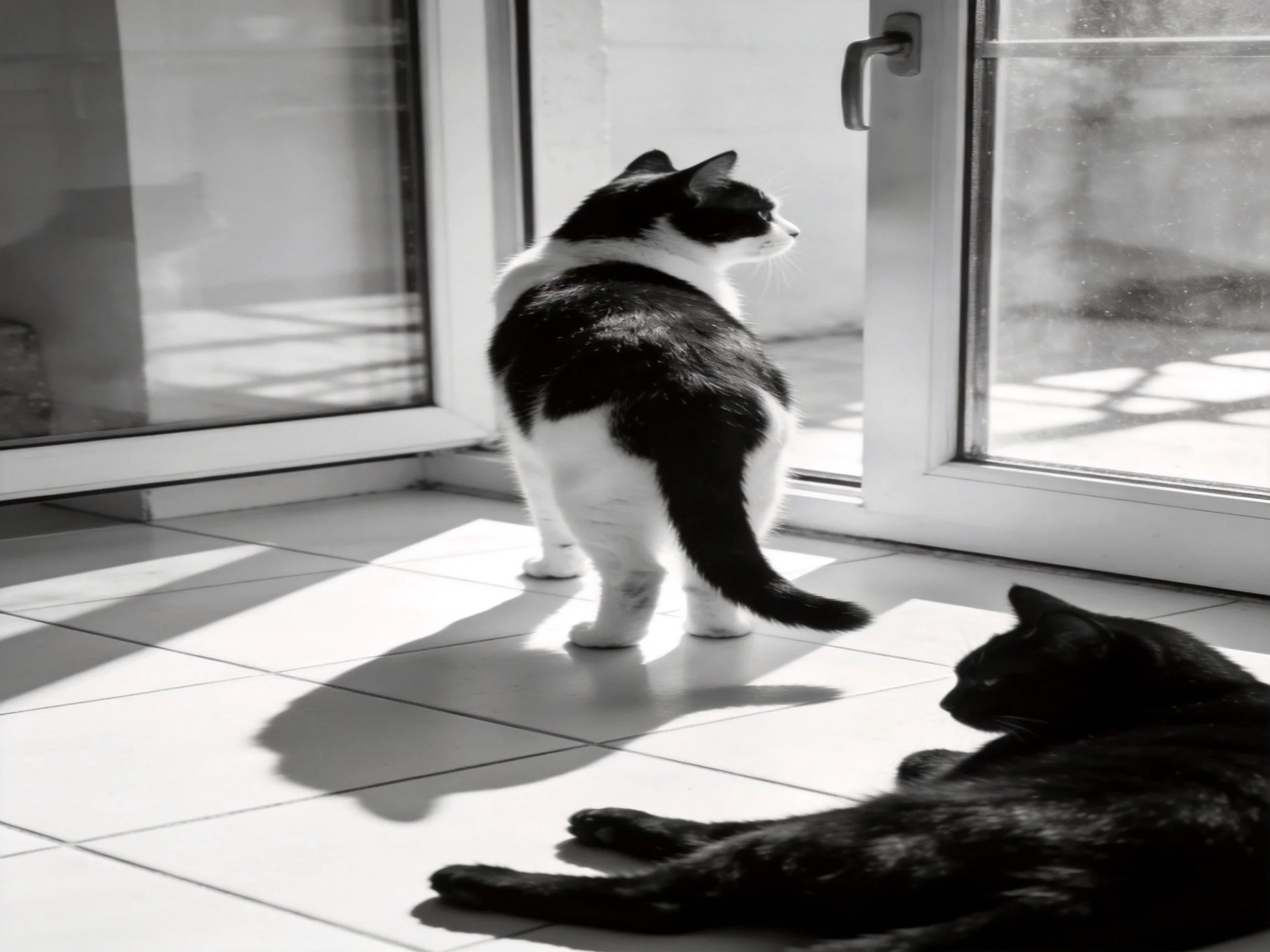 Two cats, one standing, one lying, near a sunlit glass sliding door