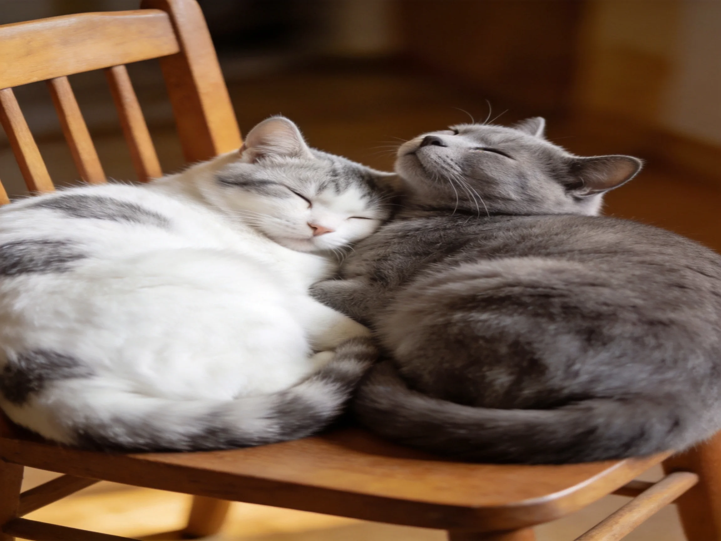 Two cats cuddle while resting on a wooden chair.