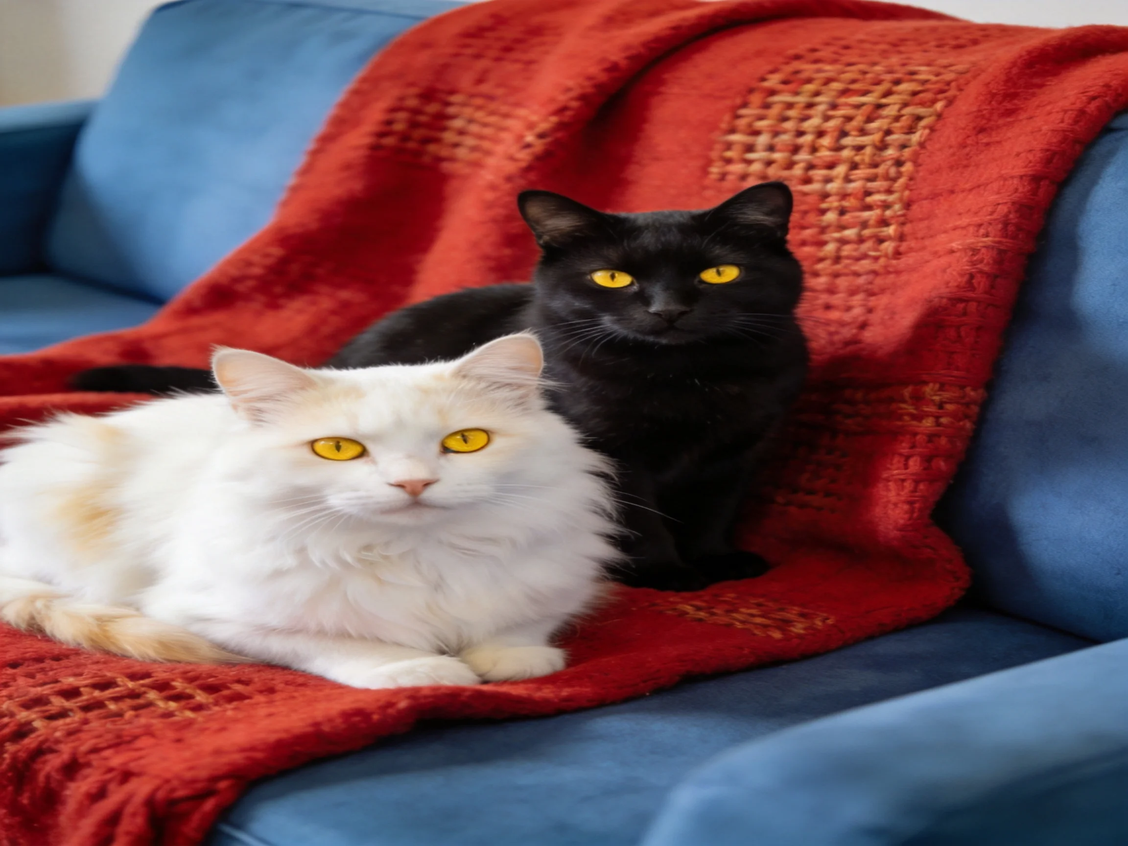 Two cats, one white and one black, sit together on a red blanket over a blue couch.
