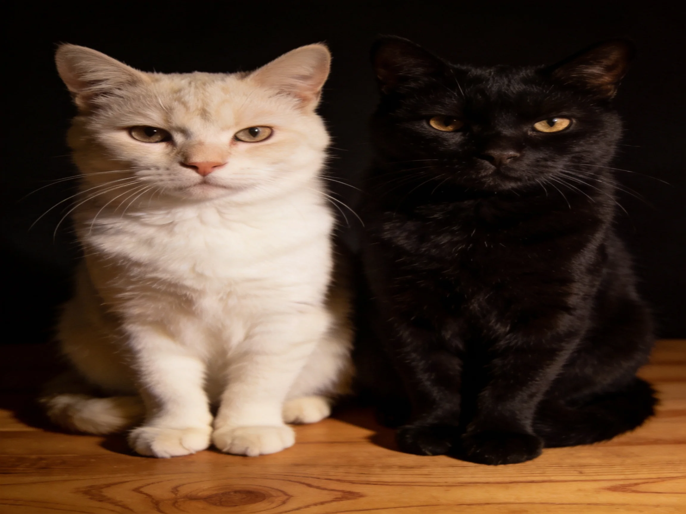 A white cat and a black cat sit side by side on a wooden surface