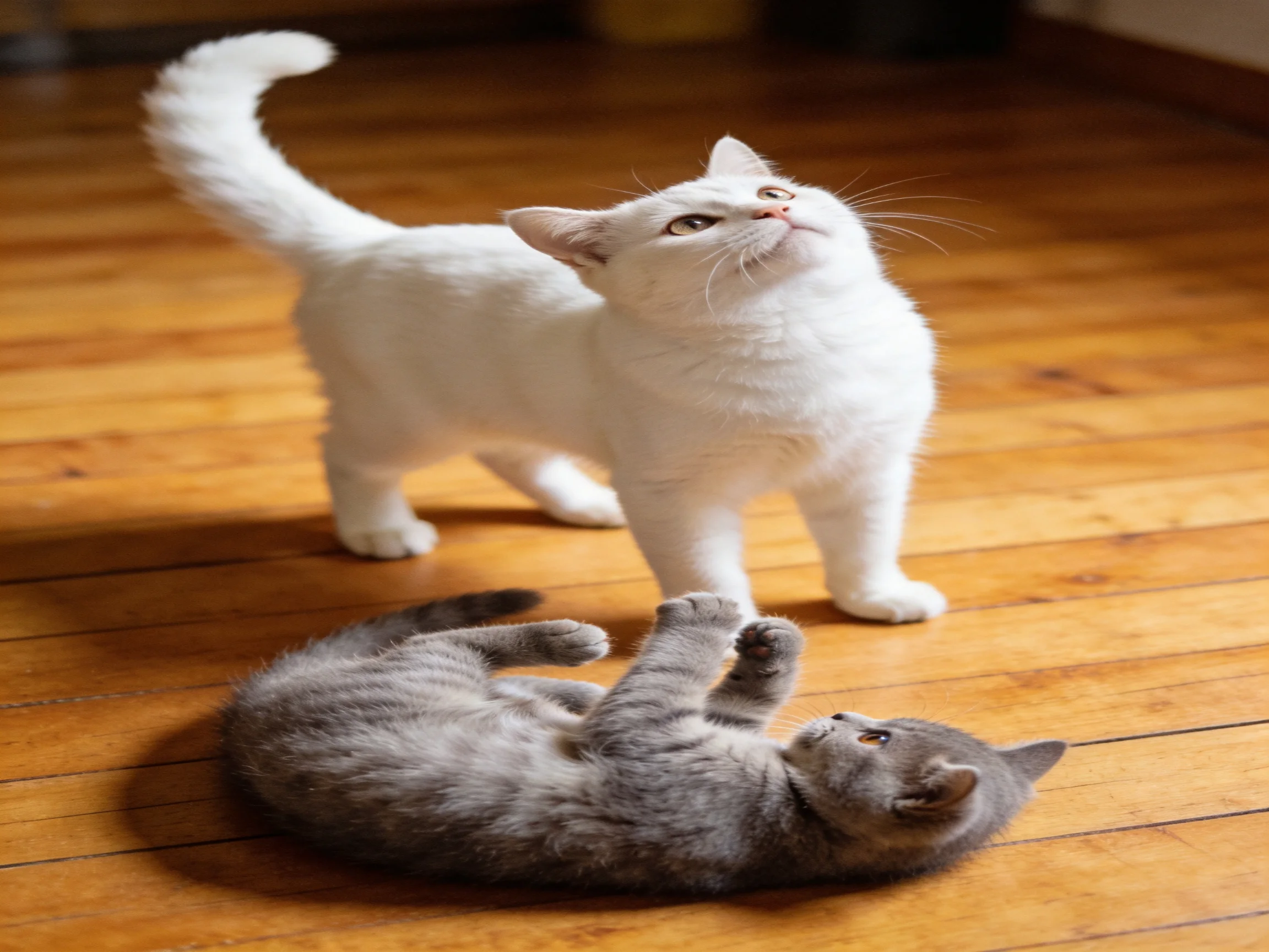 A white cat and a gray kitten play together on a wooden floor