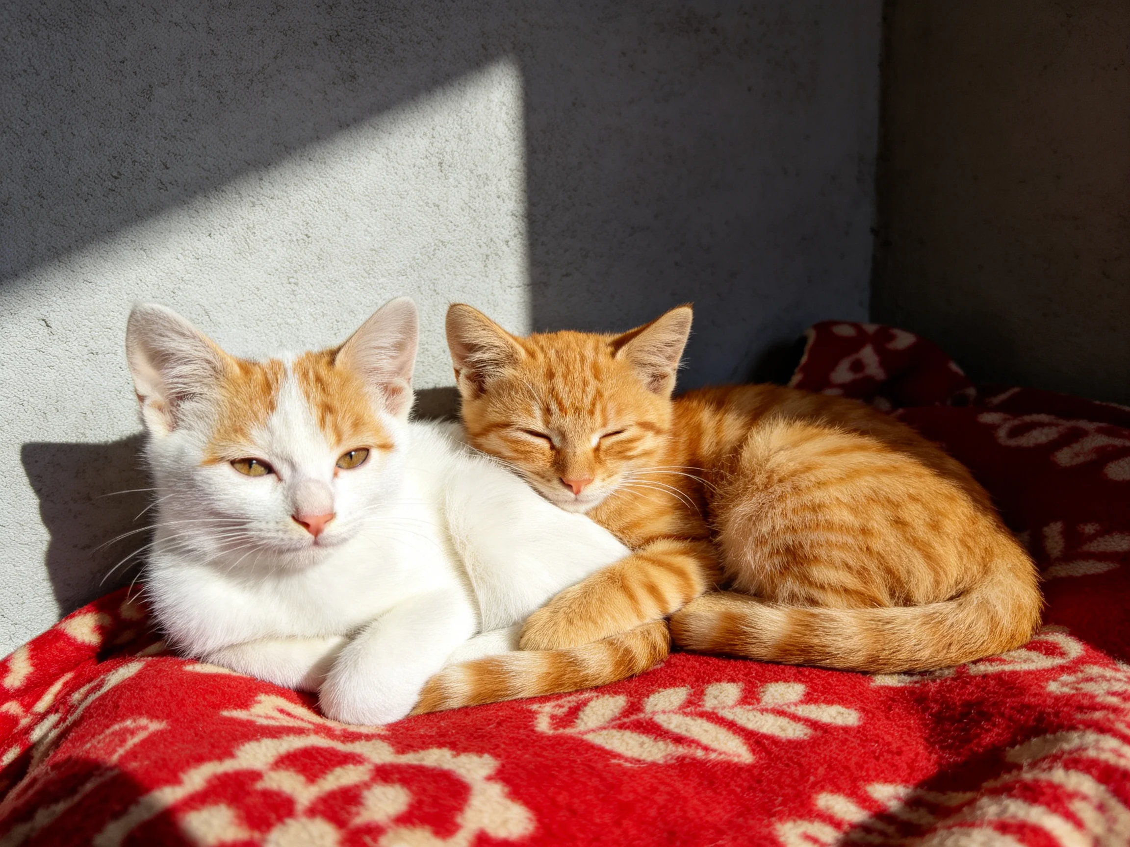 Two cats relax together on a red blanket in a sunlit corner.